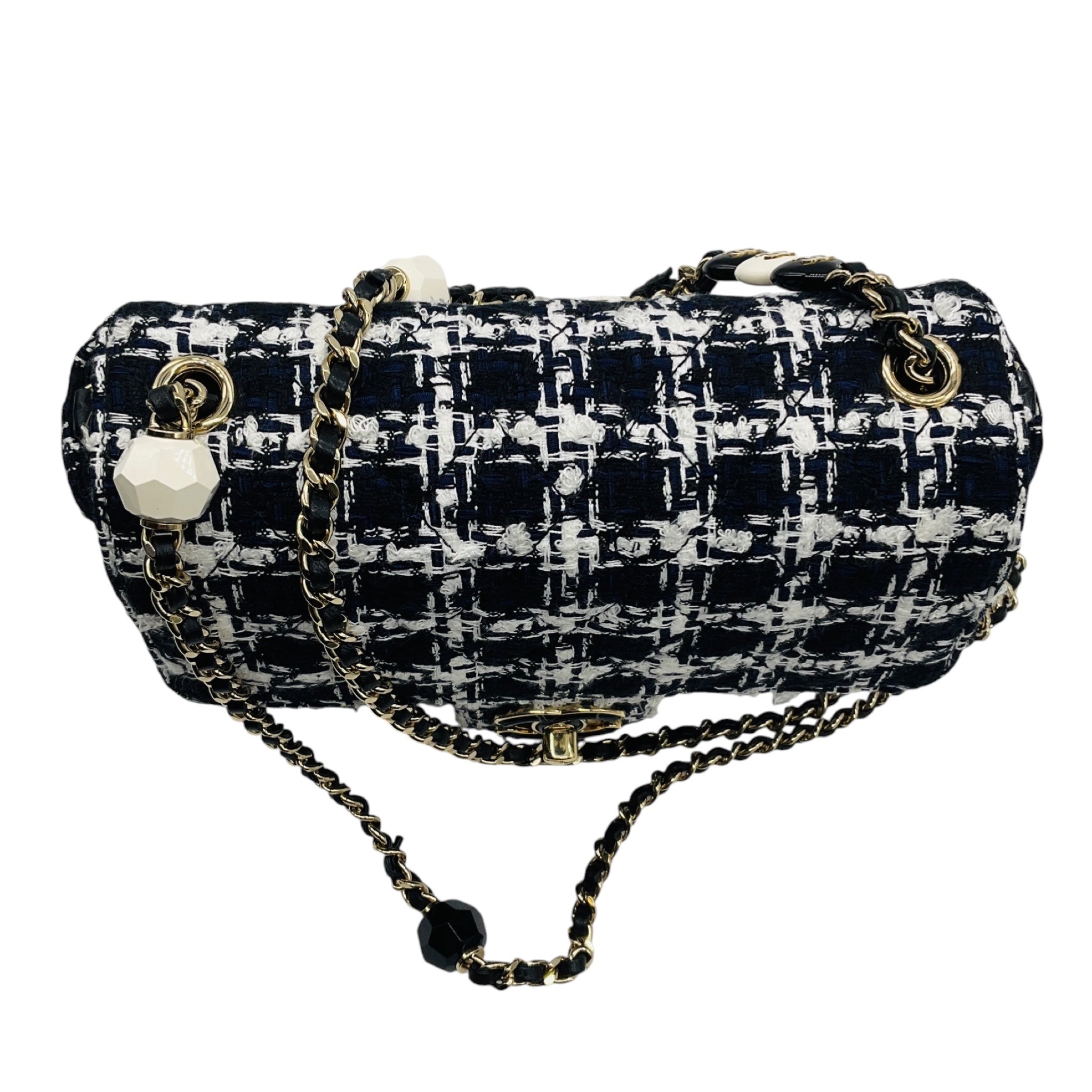 Chanel Black / White / Navy Blue Quilted Tweed Resin Heart Mini Flap Crossbody Bag