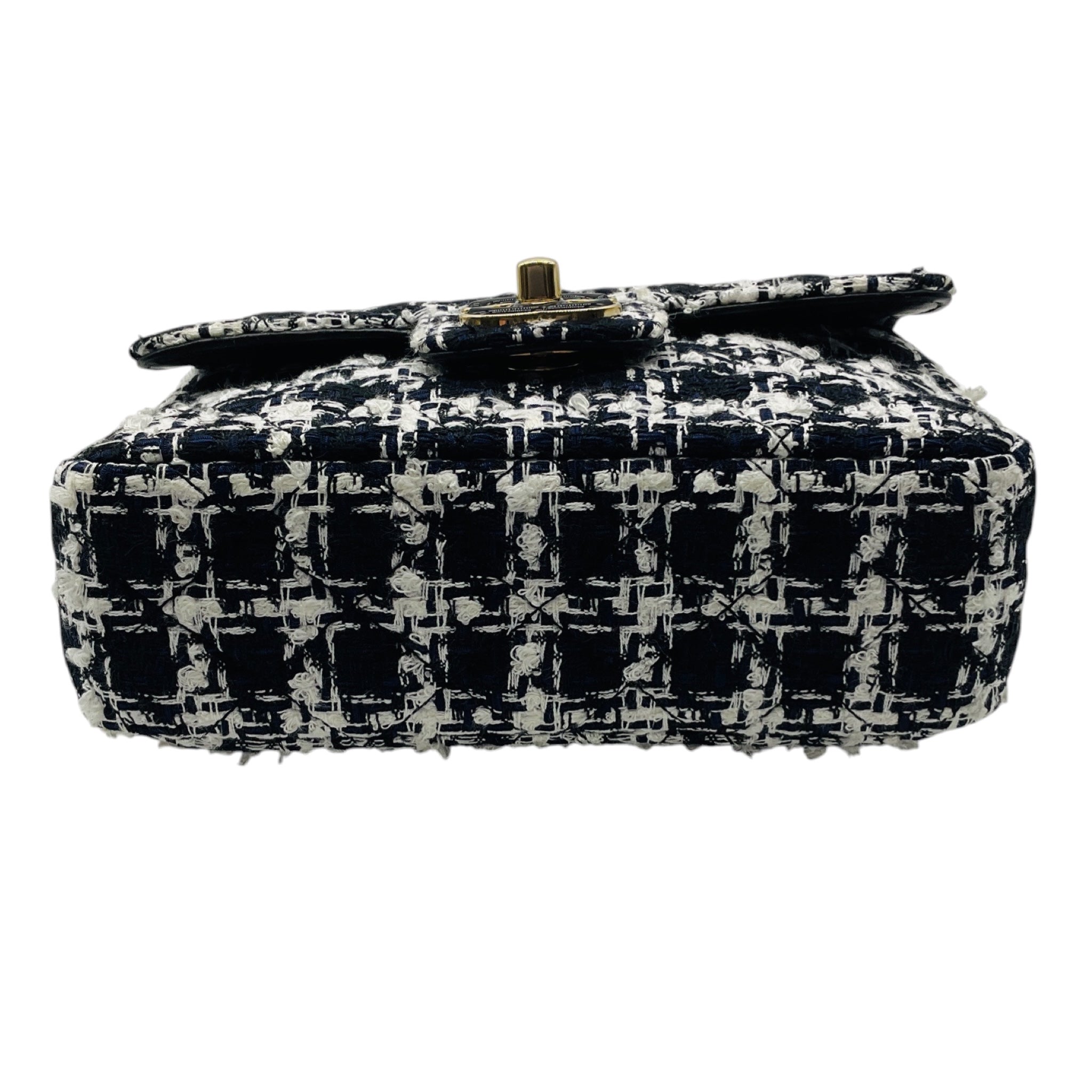 Chanel Black / White / Navy Blue Quilted Tweed Resin Heart Mini Flap Crossbody Bag