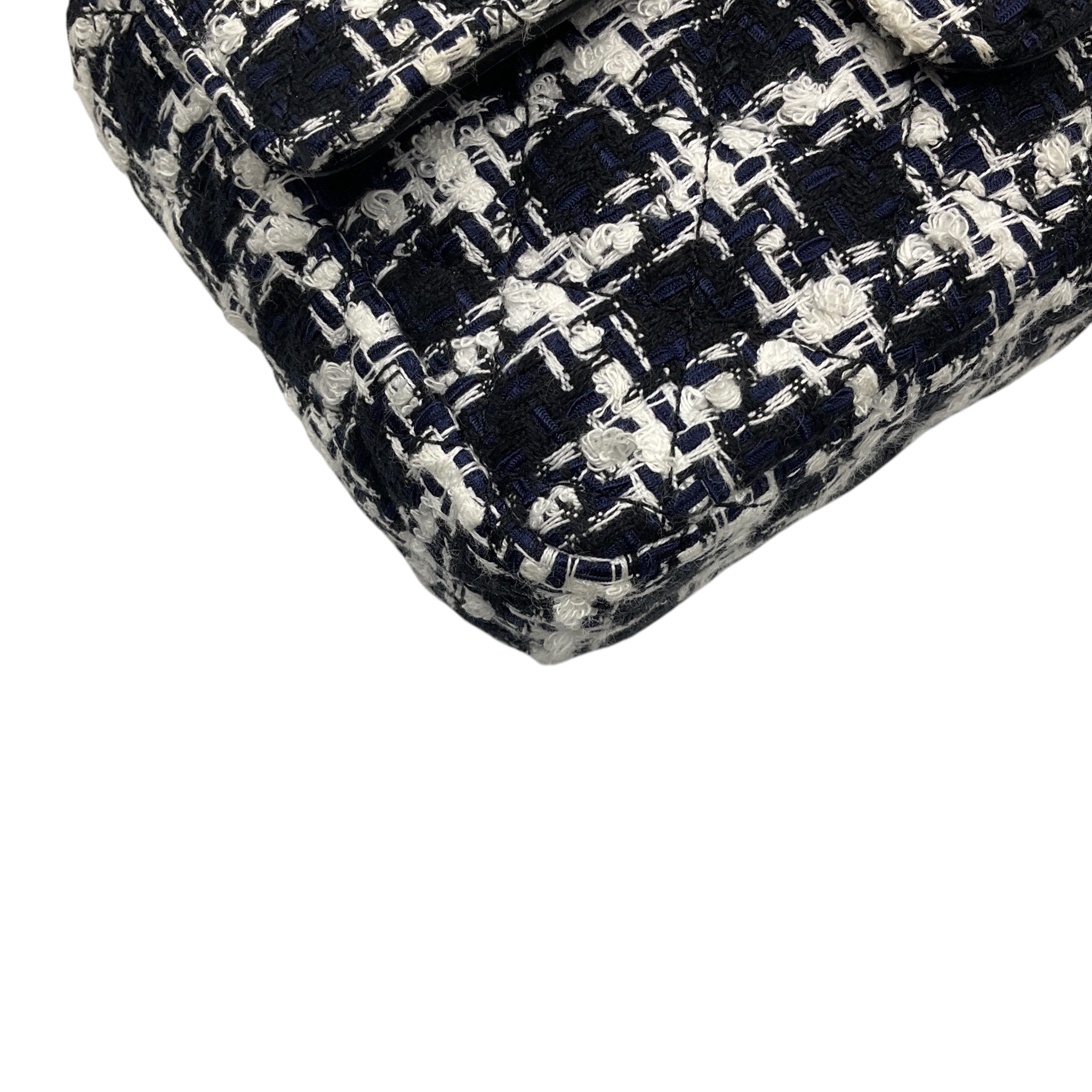 Chanel Black / White / Navy Blue Quilted Tweed Resin Heart Mini Flap Crossbody Bag
