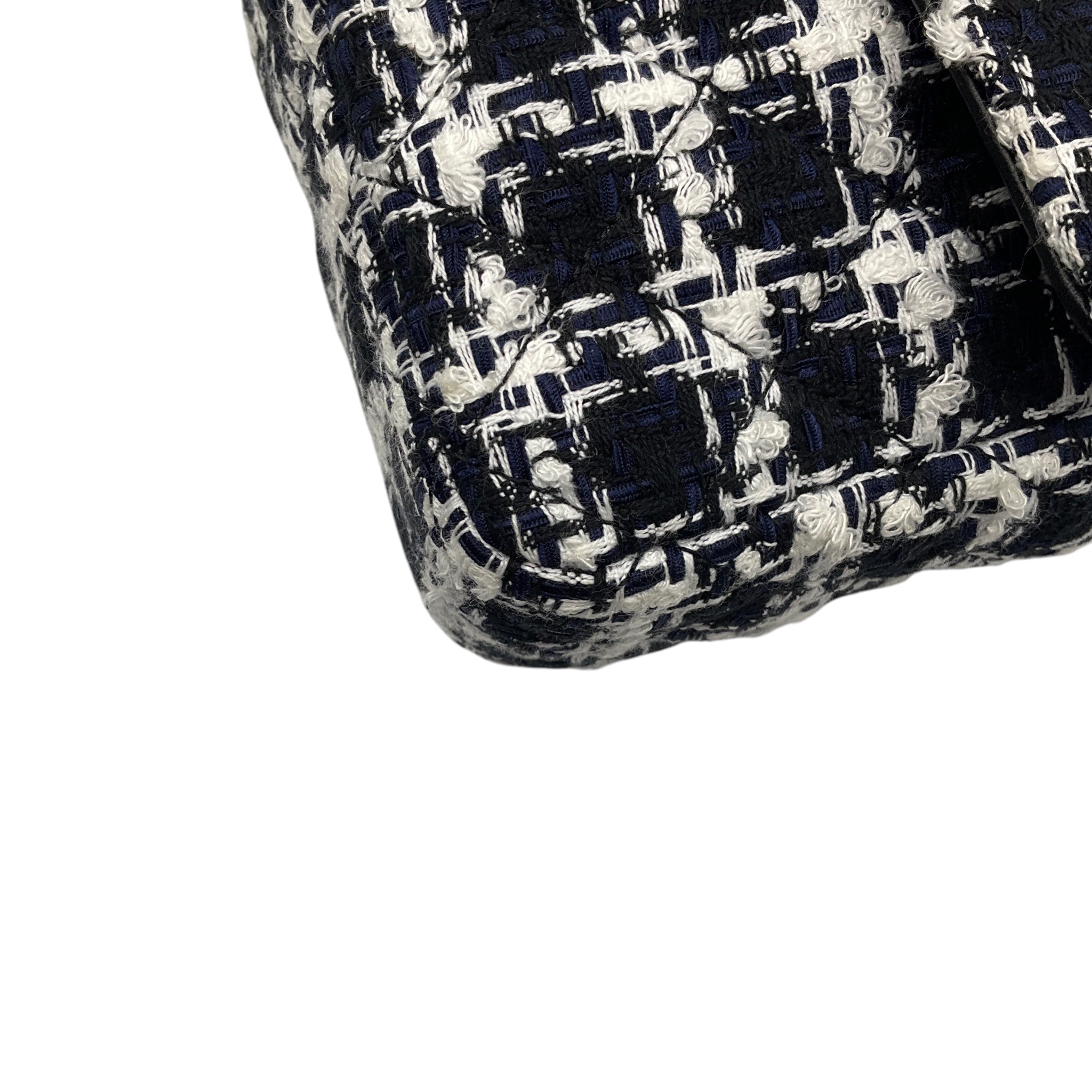 Chanel Black / White / Navy Blue Quilted Tweed Resin Heart Mini Flap Crossbody Bag