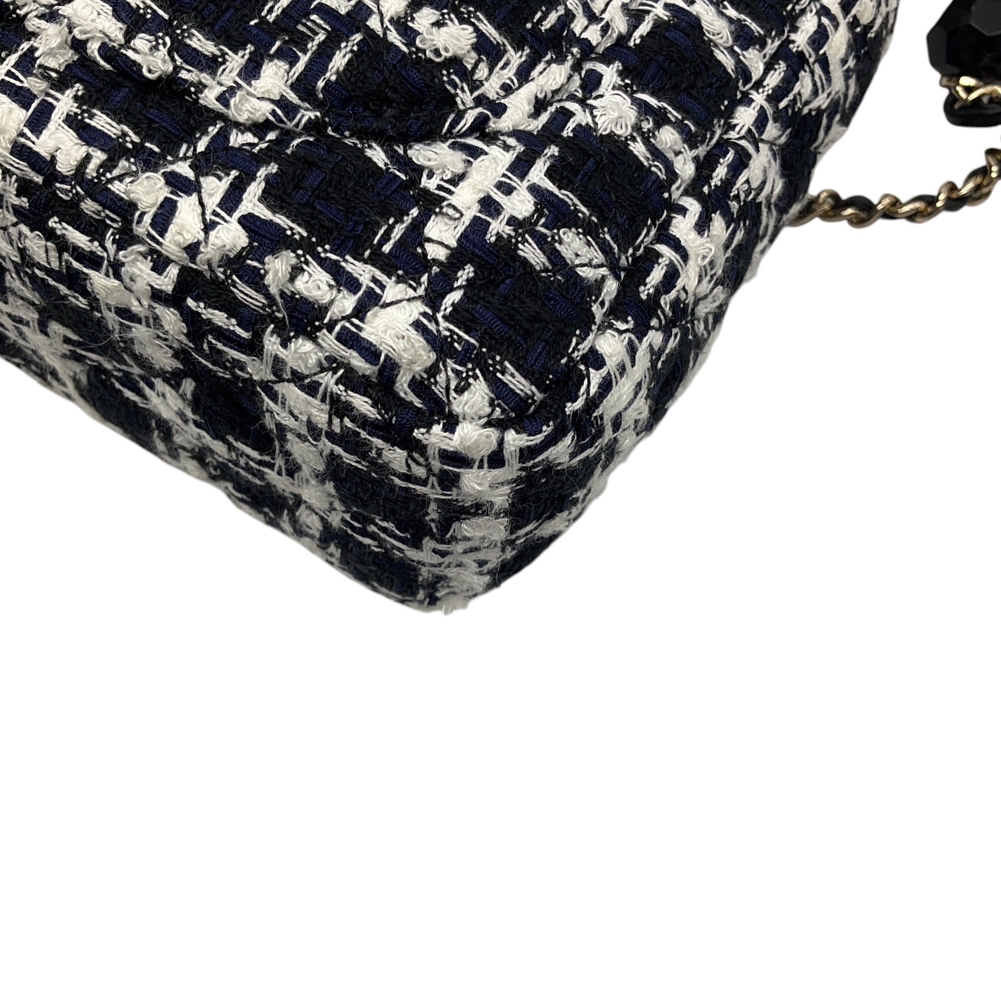 Chanel Black / White / Navy Blue Quilted Tweed Resin Heart Mini Flap Crossbody Bag