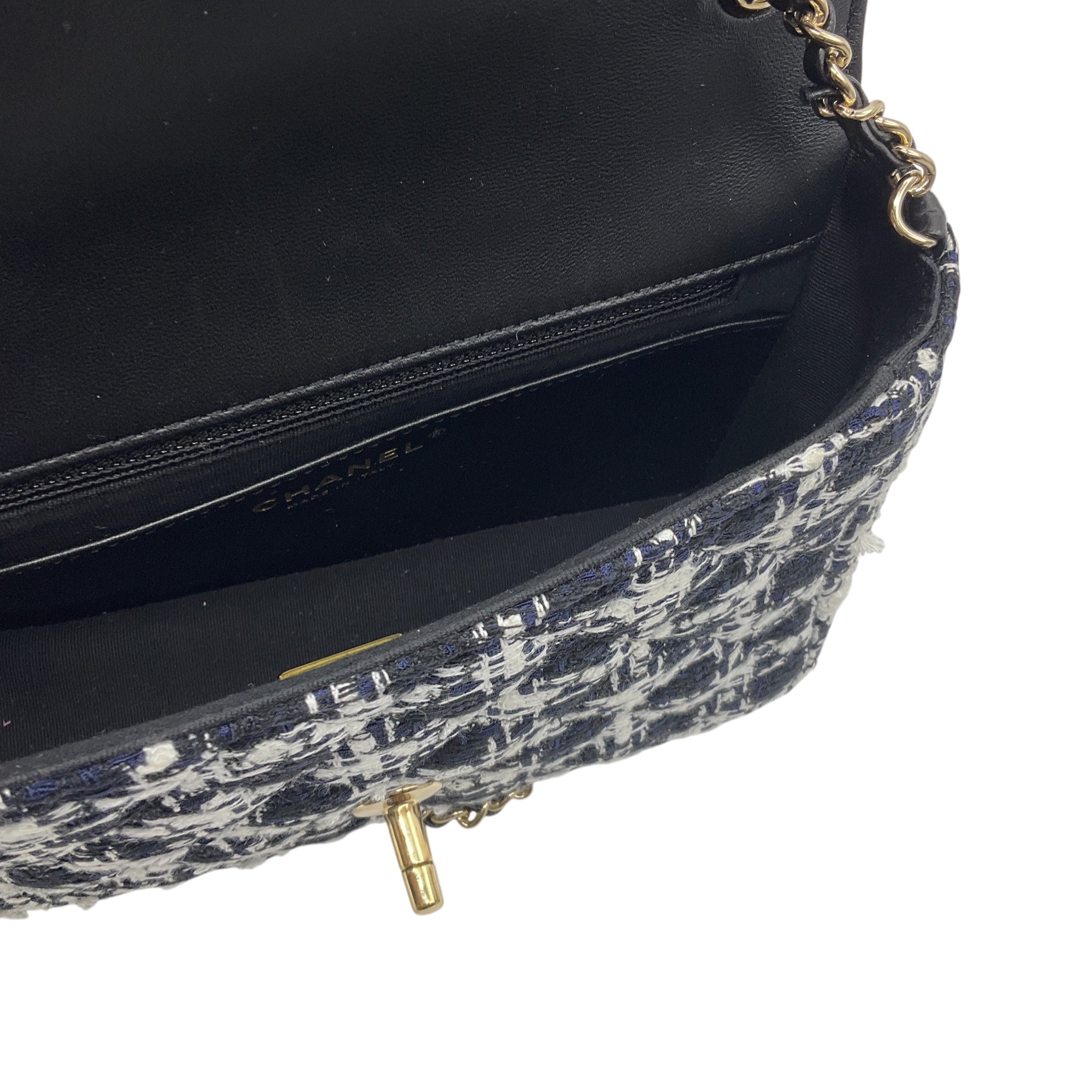 Chanel Black / White / Navy Blue Quilted Tweed Resin Heart Mini Flap Crossbody Bag