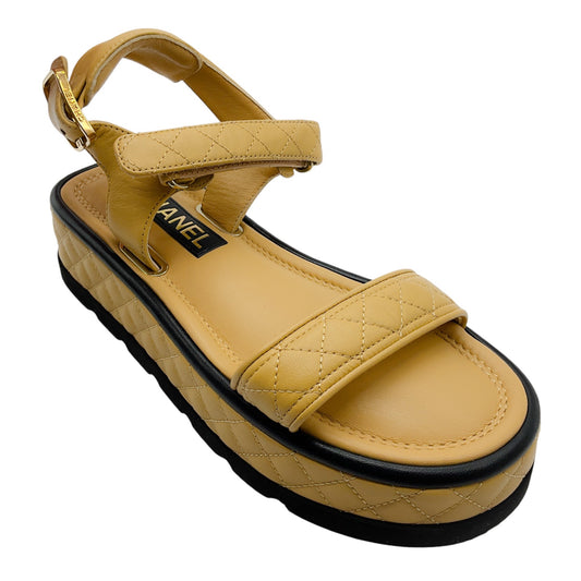 Chanel Tan / Black Quilted Matelasse Lambskin Leather Coco Mark Velcro Platform Sandals