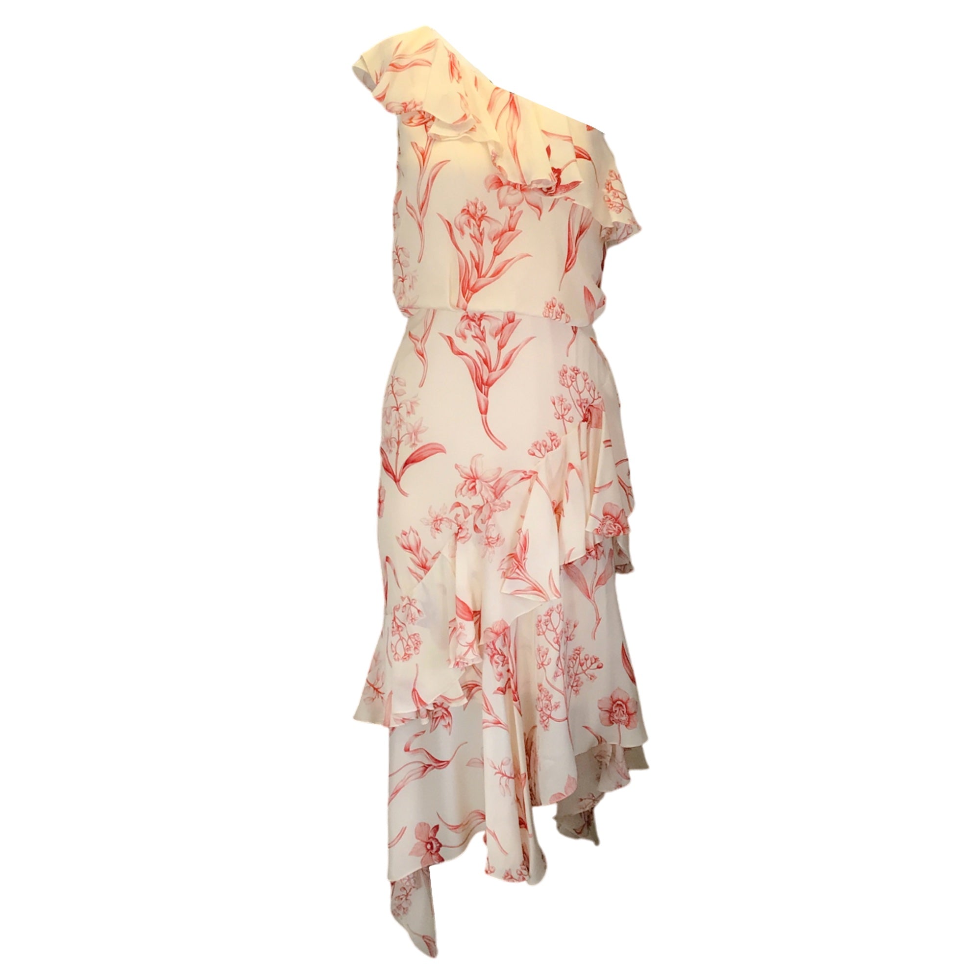 Johanna Ortiz Ivory / Red Floral Printed One Shoulder Silk Midi Dress