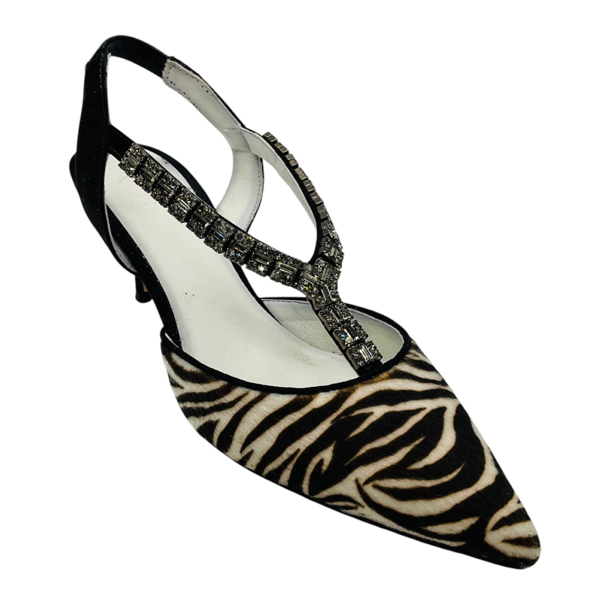 O2 Monde Brown / Ivory / Black Animal Print Calf Hair Slingback Pumps with Crystal Embellishments