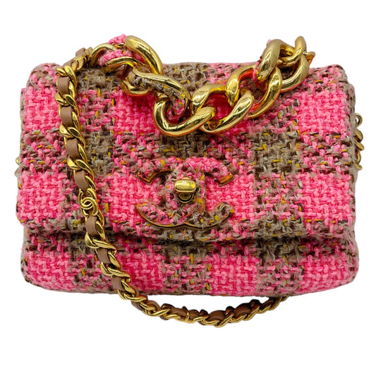 Chanel Pink / Beige 2022 Quilted Wool Tweed Chain Small Flap Bag with Gold Hardware