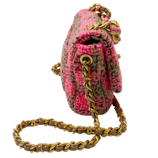 Chanel Pink / Beige 2022 Quilted Wool Tweed Chain Small Flap Bag with Gold Hardware