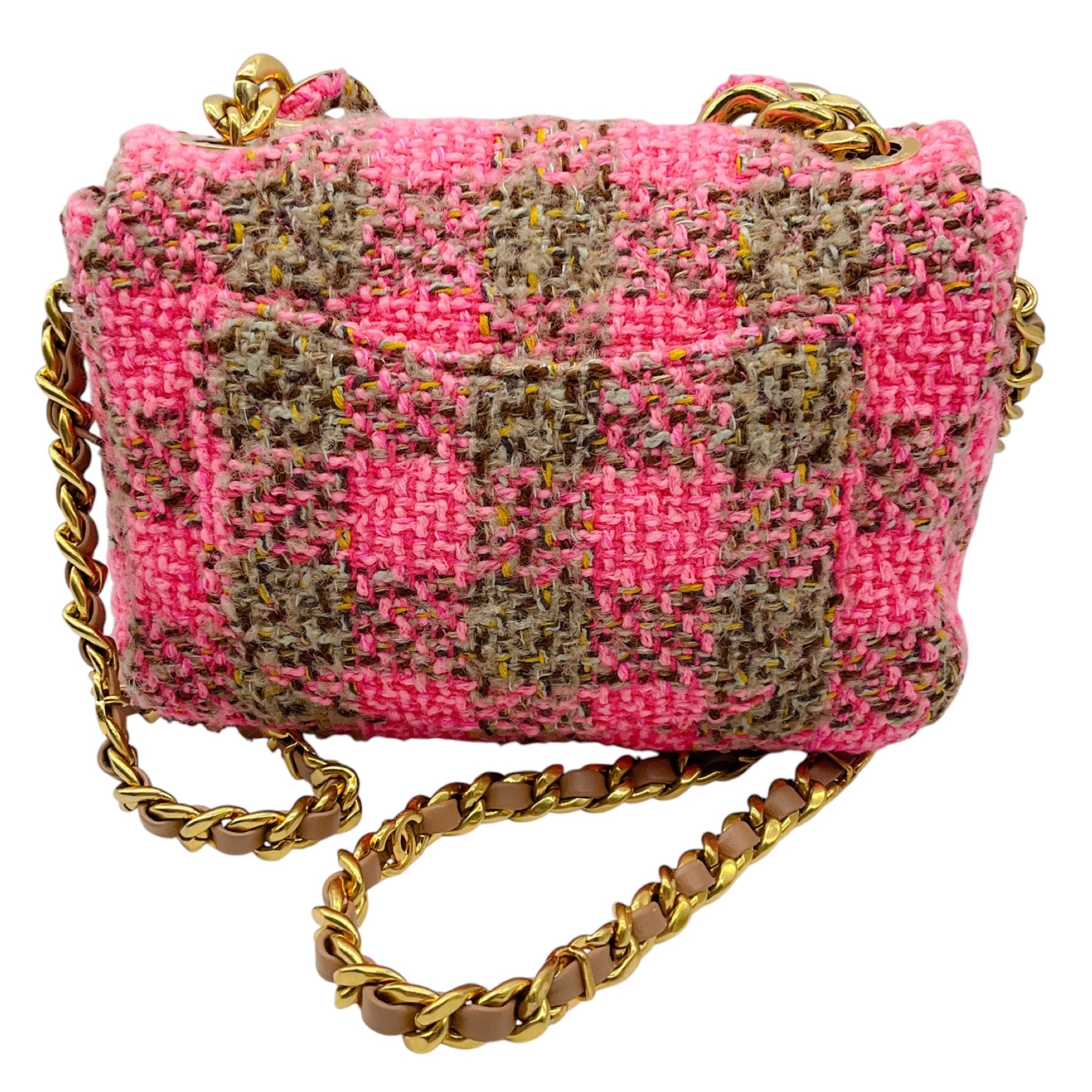 Chanel Pink / Beige 2022 Quilted Wool Tweed Chain Small Flap Bag with Gold Hardware