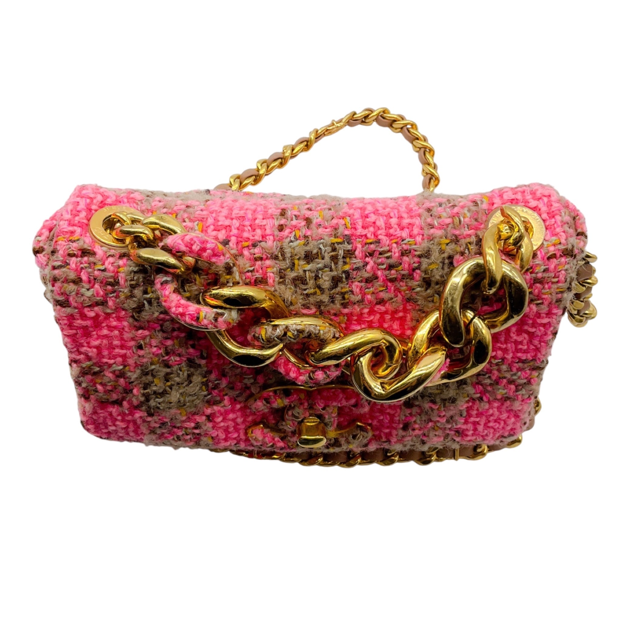 Chanel Pink / Beige 2022 Quilted Wool Tweed Chain Small Flap Bag with Gold Hardware