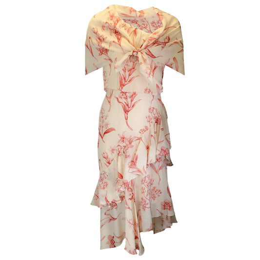 Johanna Ortiz Ivory / Red Floral Printed One Shoulder Silk Midi Dress