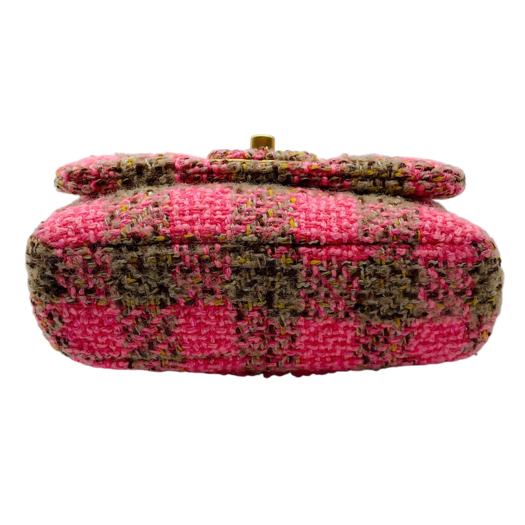 Chanel Pink / Beige 2022 Quilted Wool Tweed Chain Small Flap Bag with Gold Hardware