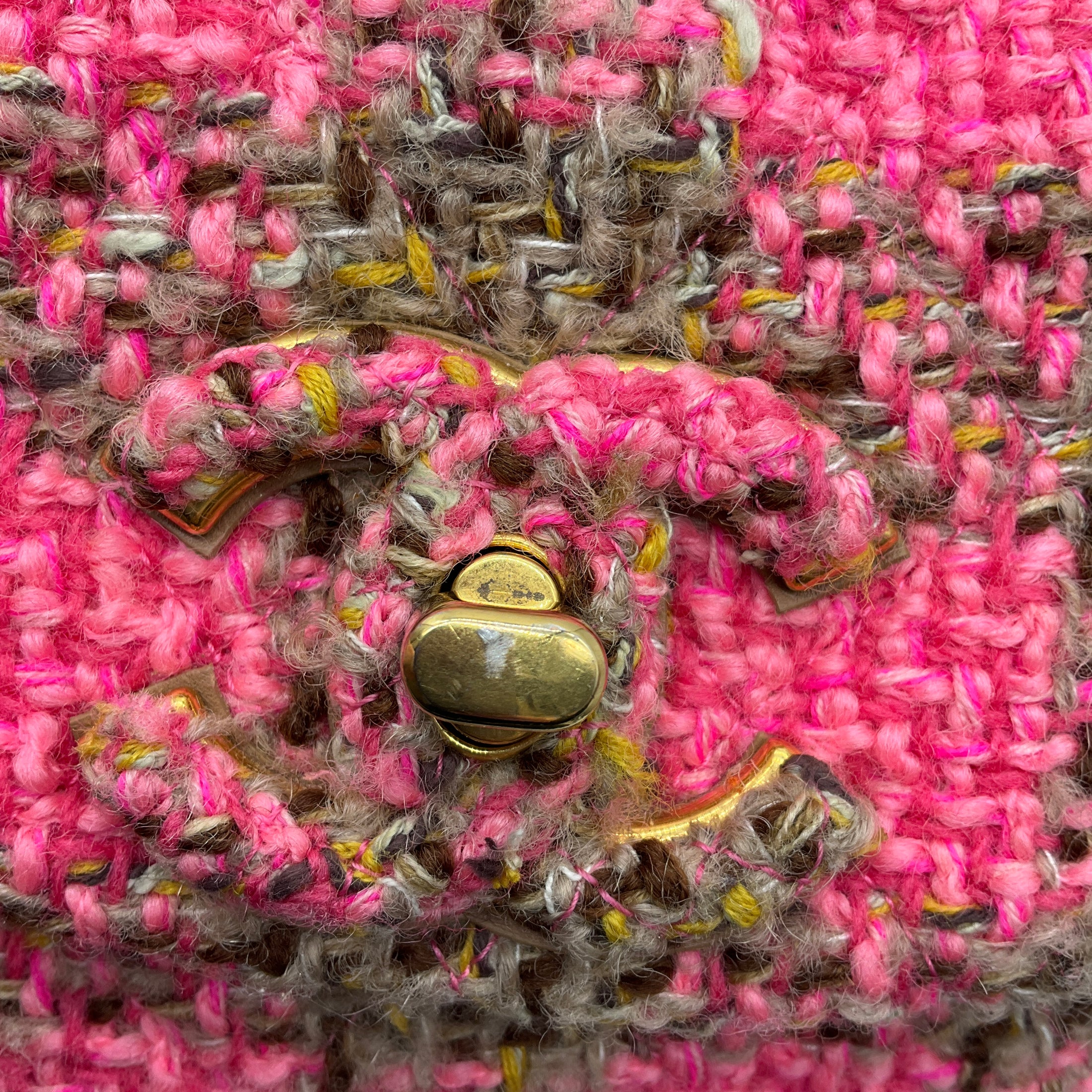 Chanel Pink / Beige 2022 Quilted Wool Tweed Chain Small Flap Bag with Gold Hardware