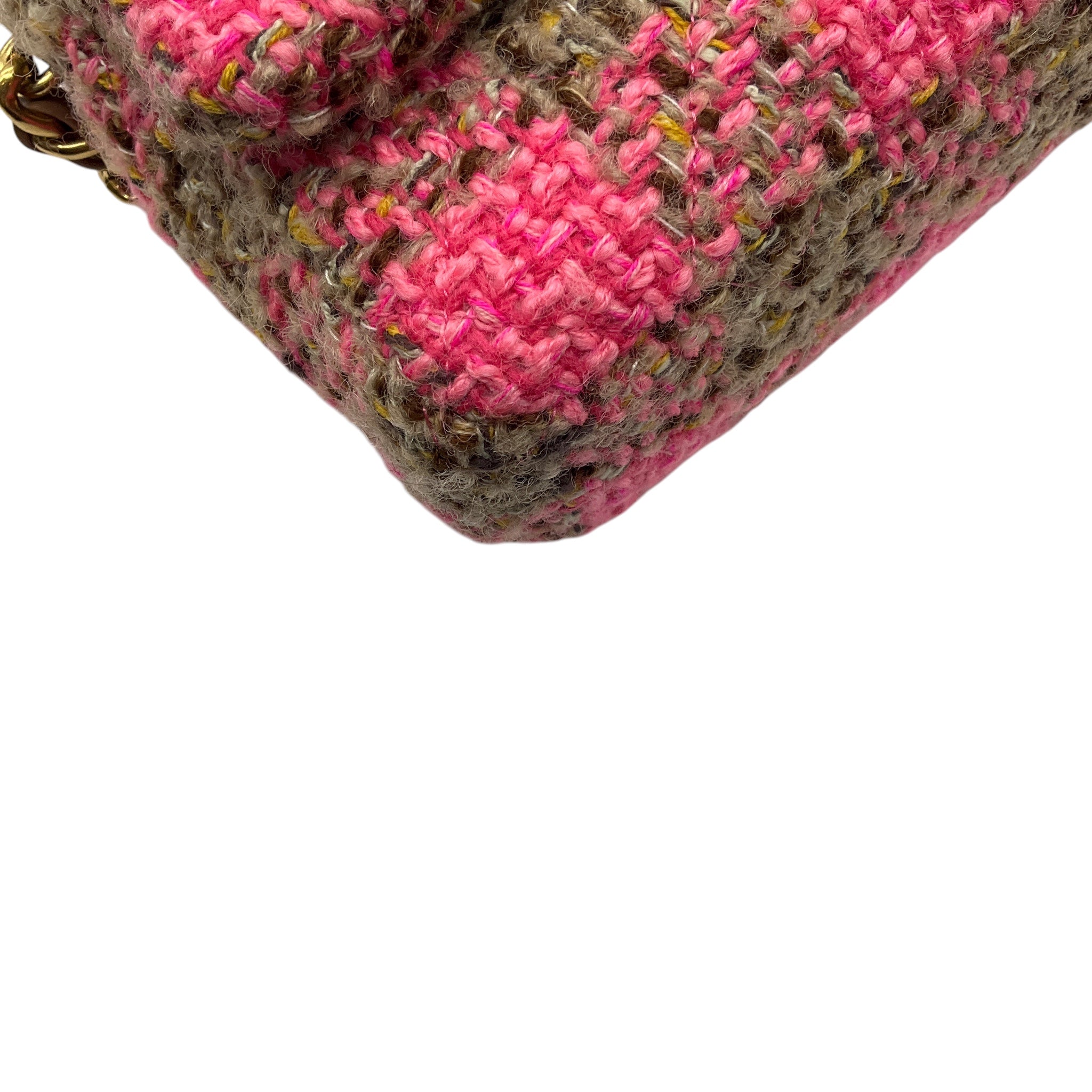 Chanel Pink / Beige 2022 Quilted Wool Tweed Chain Small Flap Bag with Gold Hardware