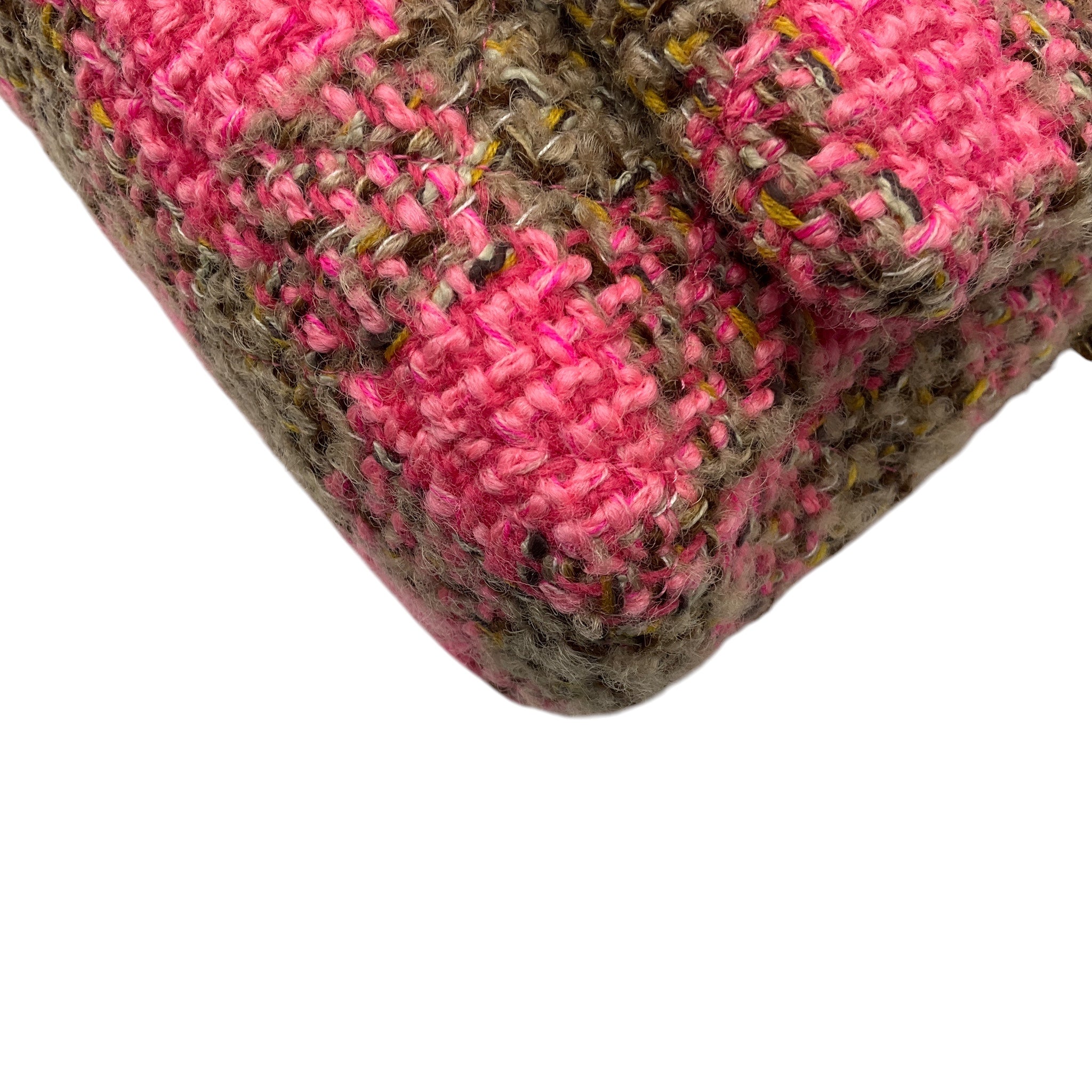 Chanel Pink / Beige 2022 Quilted Wool Tweed Chain Small Flap Bag with Gold Hardware