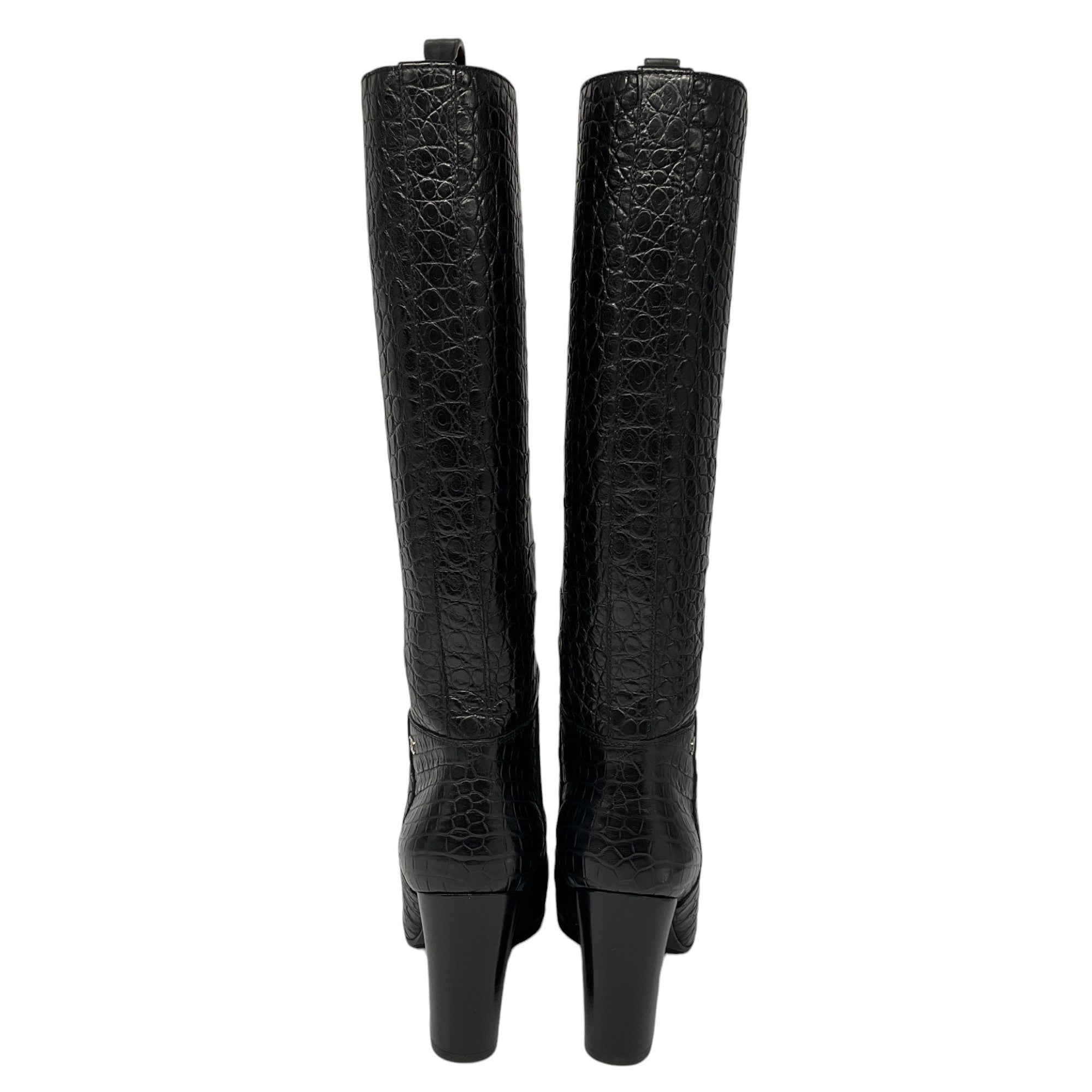 Chanel Black Alligator Patent Leather Knee High Boots