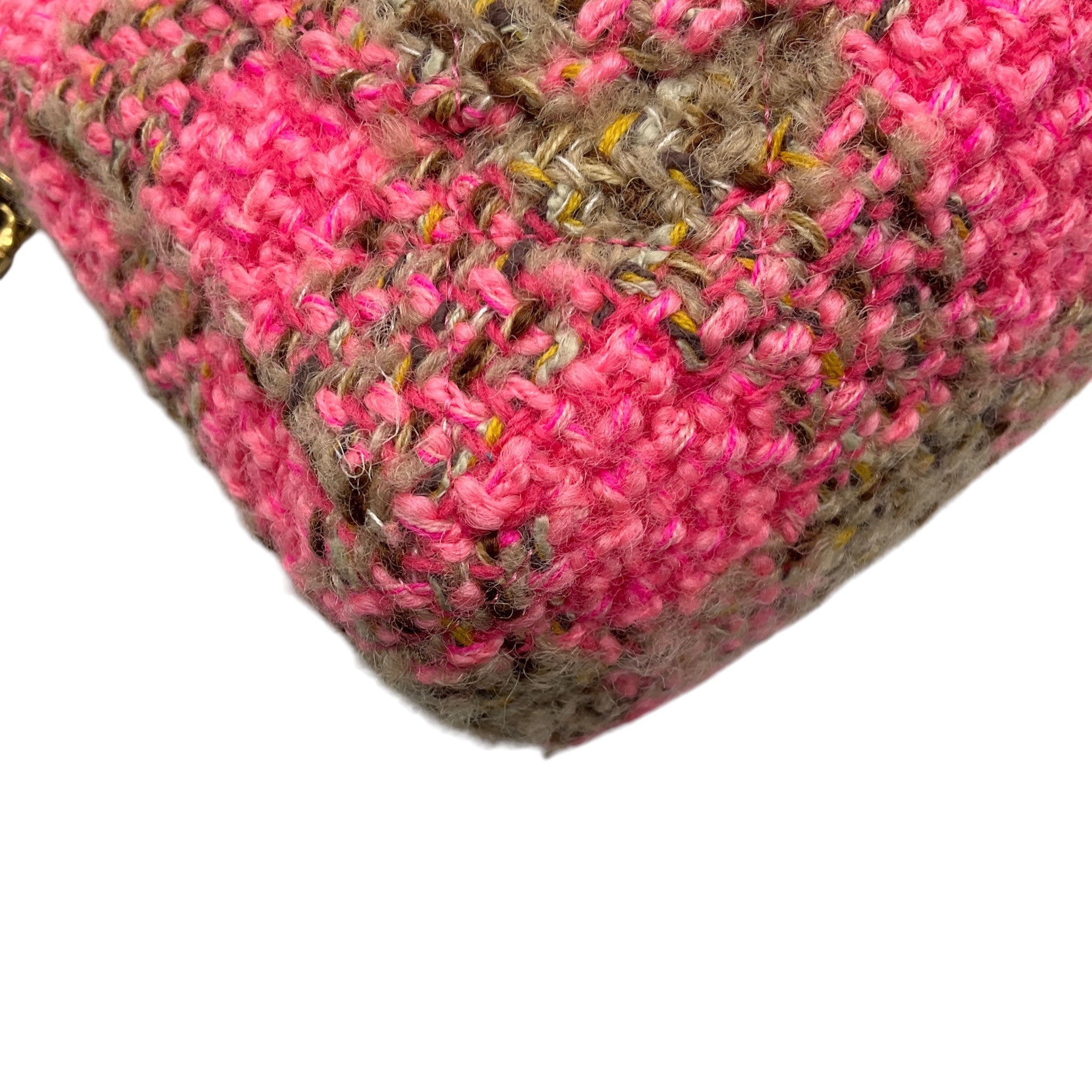 Chanel Pink / Beige 2022 Quilted Wool Tweed Chain Small Flap Bag with Gold Hardware