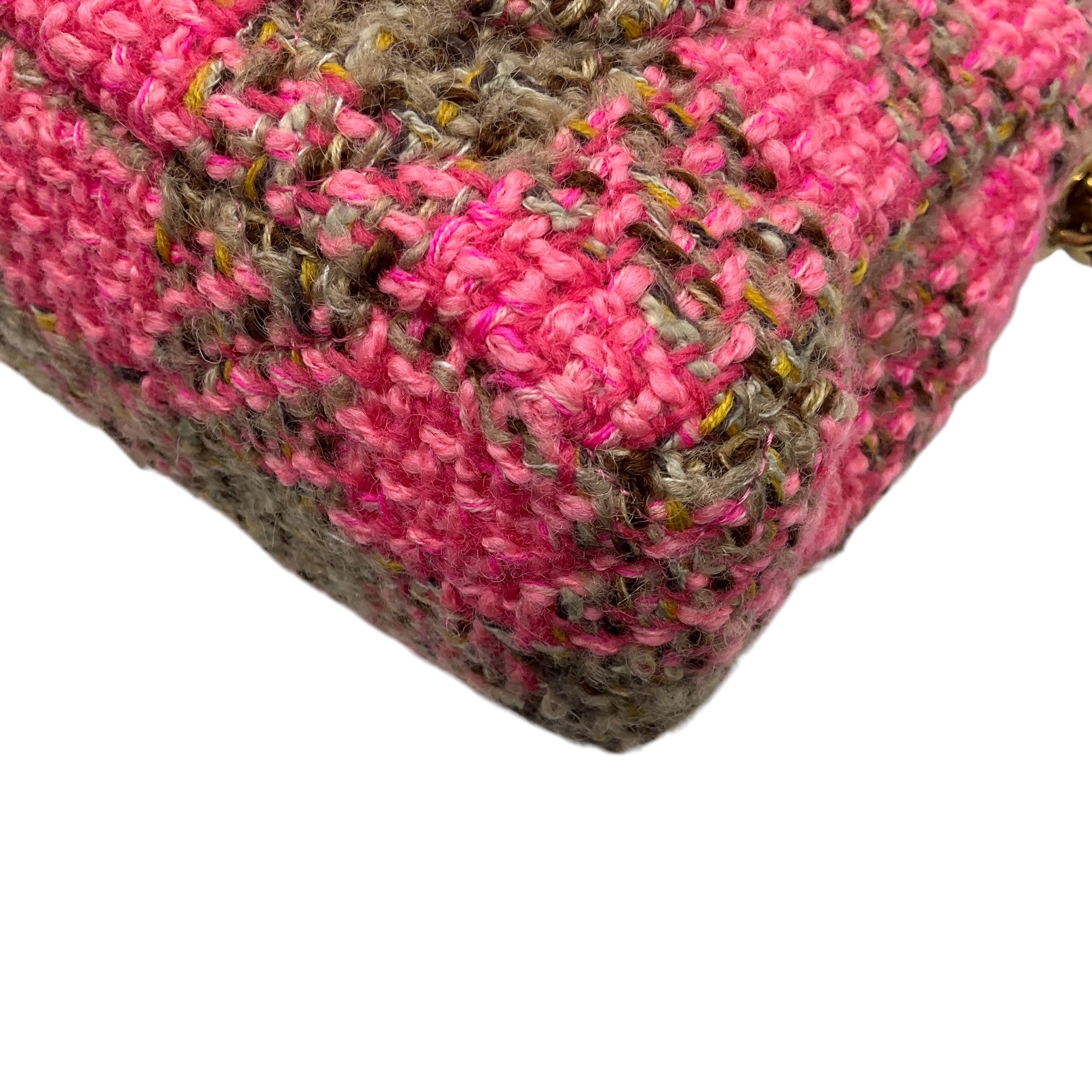 Chanel Pink / Beige 2022 Quilted Wool Tweed Chain Small Flap Bag with Gold Hardware