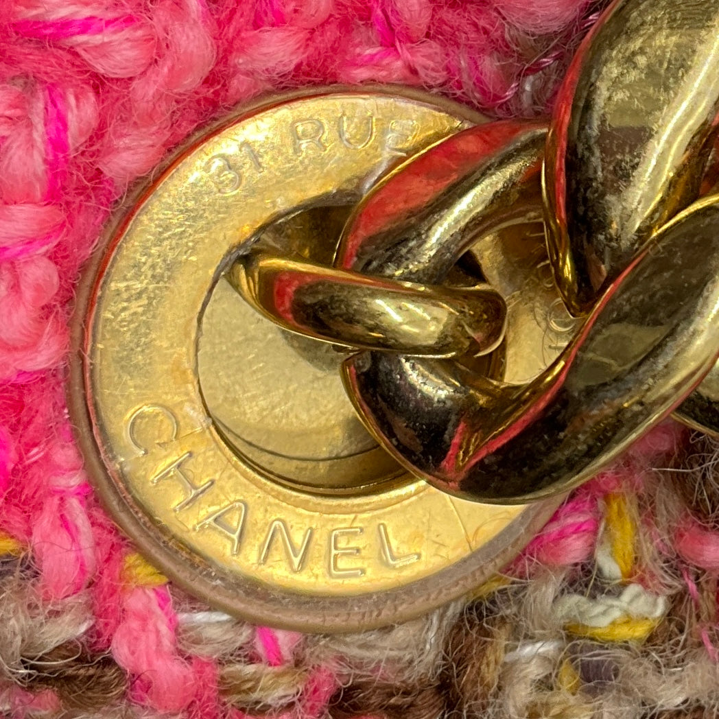 Chanel Pink / Beige 2022 Quilted Wool Tweed Chain Small Flap Bag with Gold Hardware