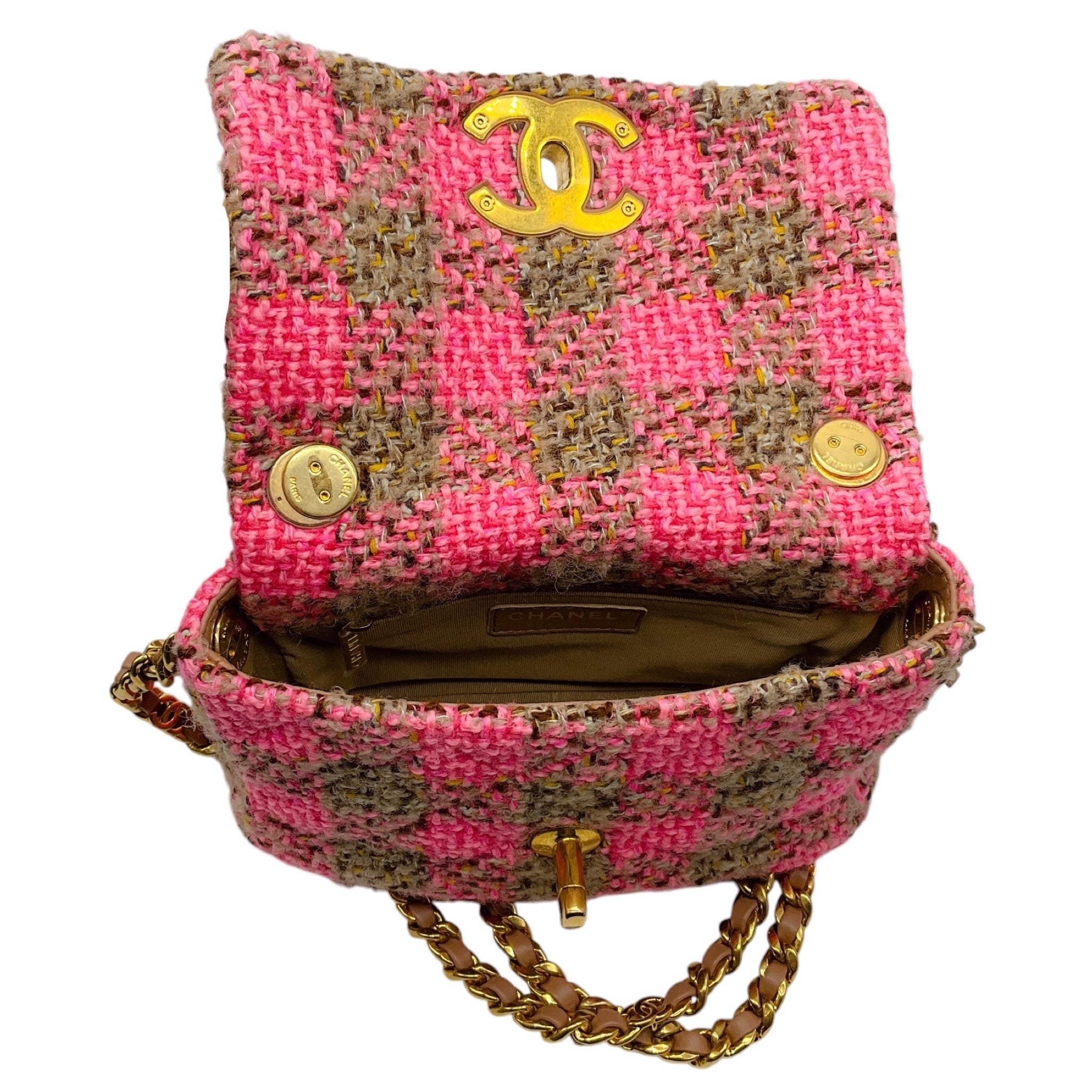 Chanel Pink / Beige 2022 Quilted Wool Tweed Chain Small Flap Bag with Gold Hardware
