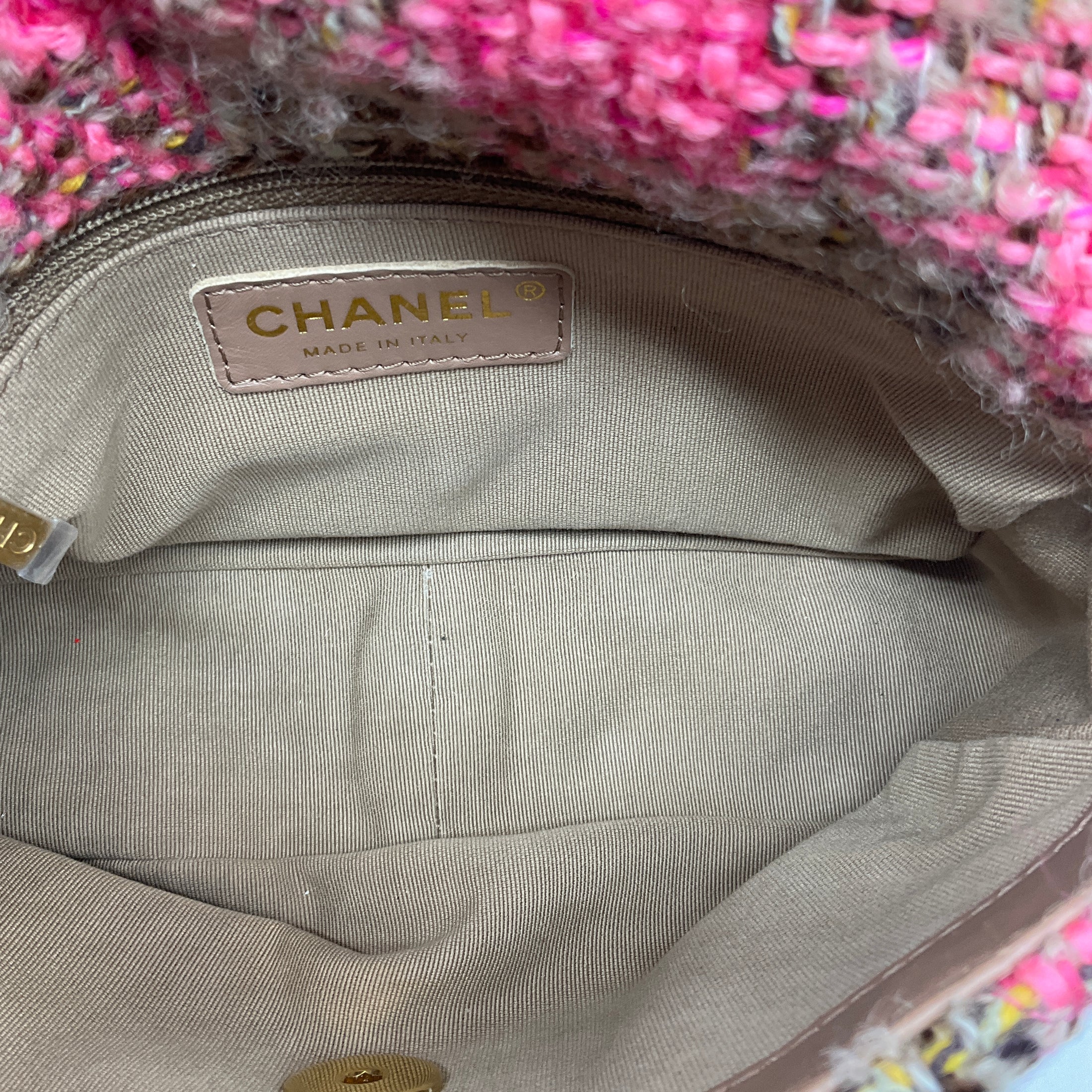 Chanel Pink / Beige 2022 Quilted Wool Tweed Chain Small Flap Bag with Gold Hardware