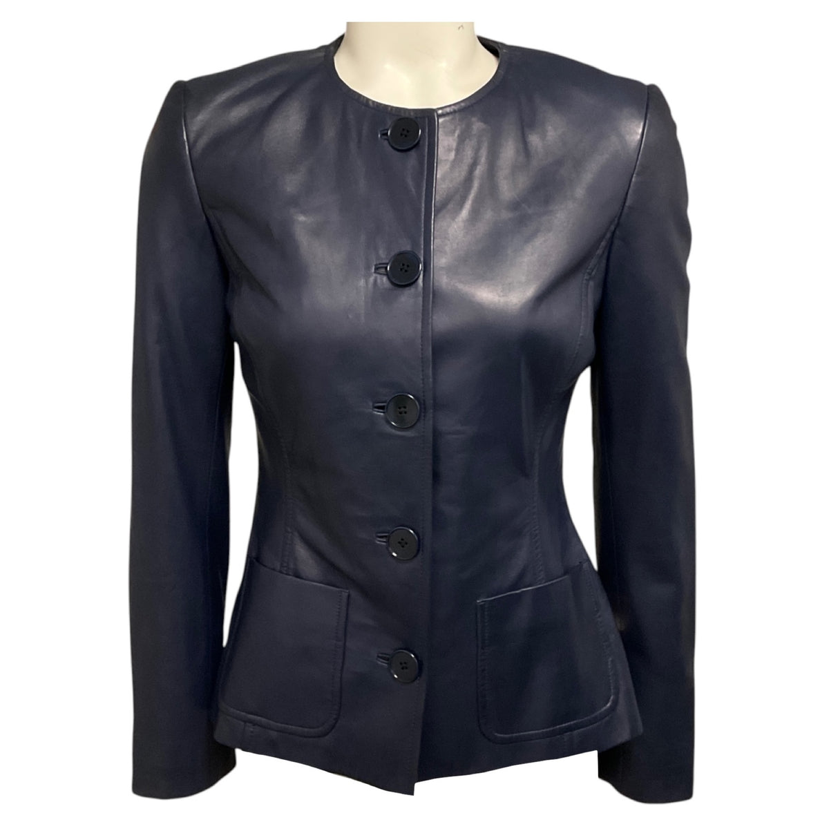Ralph Lauren Black Label Navy Blue Button Front Lamb Leather Jacket