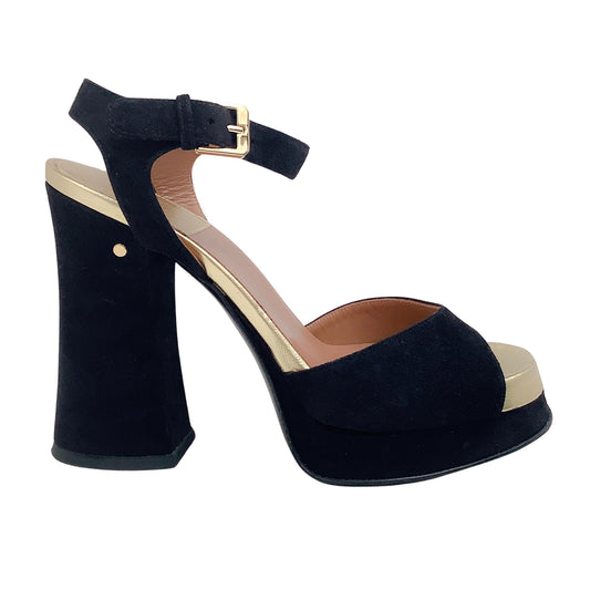Laurence Dacade Black Suede with Gold Trim Tinta Sandals