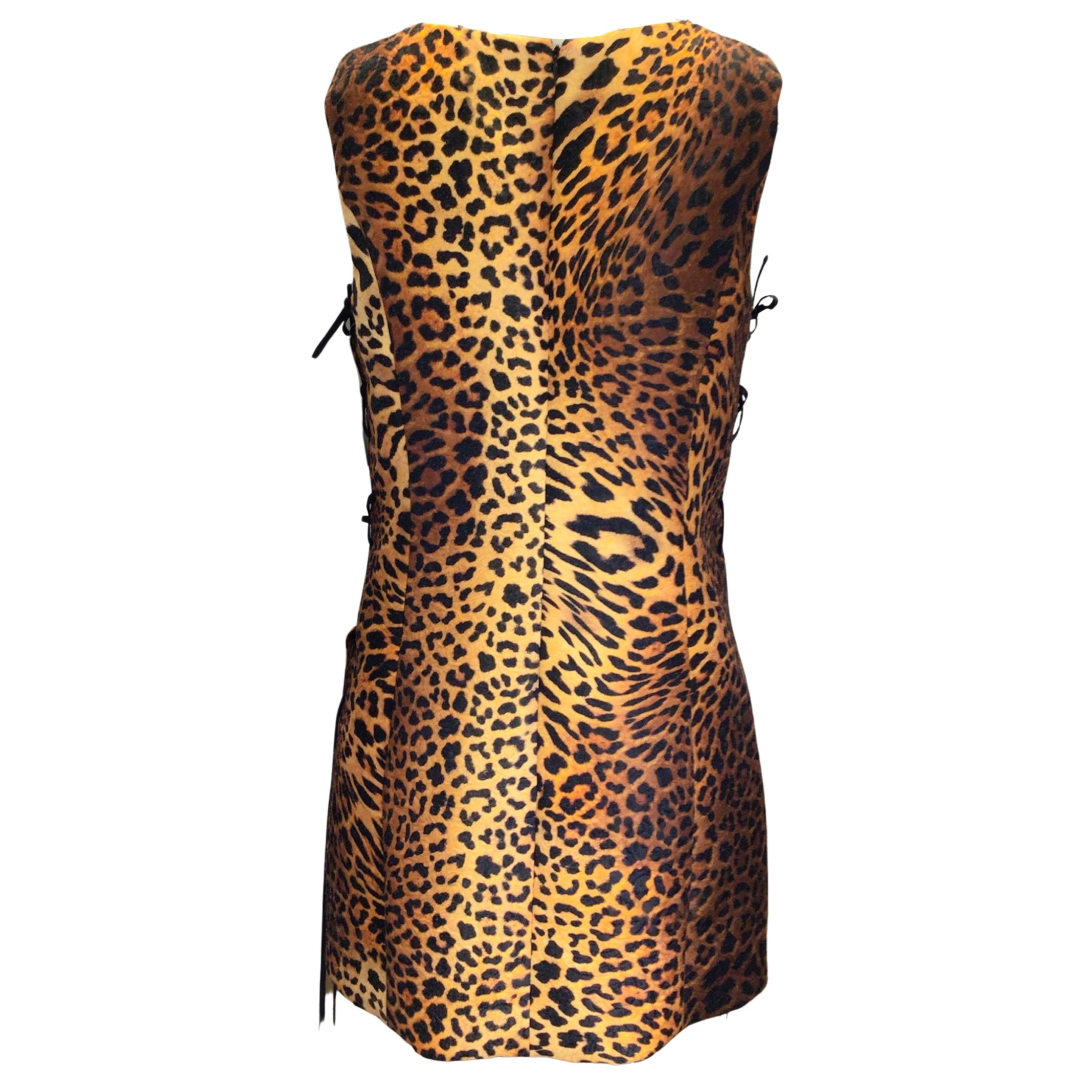 Prabal Gurung Camel / Black Leopard Printed Lace Up Side Sleeveless Jacquard Dress