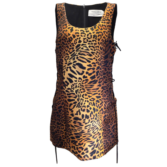 Prabal Gurung Camel / Black Leopard Printed Lace Up Side Sleeveless Jacquard Dress
