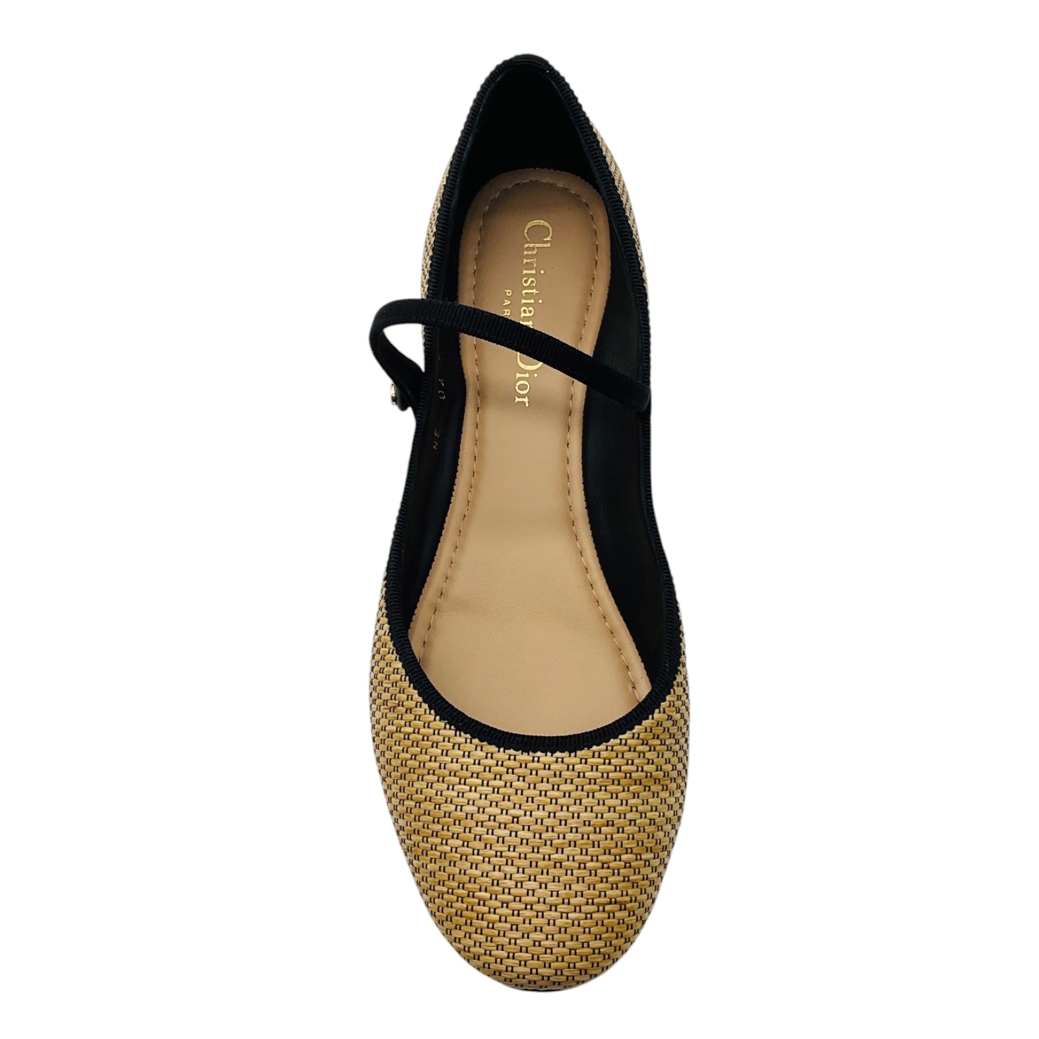 Christian Dior Natural / Black Lovely-D Raffia Straw Mary Jane Strap Ballerina Ballet Flats Shoes