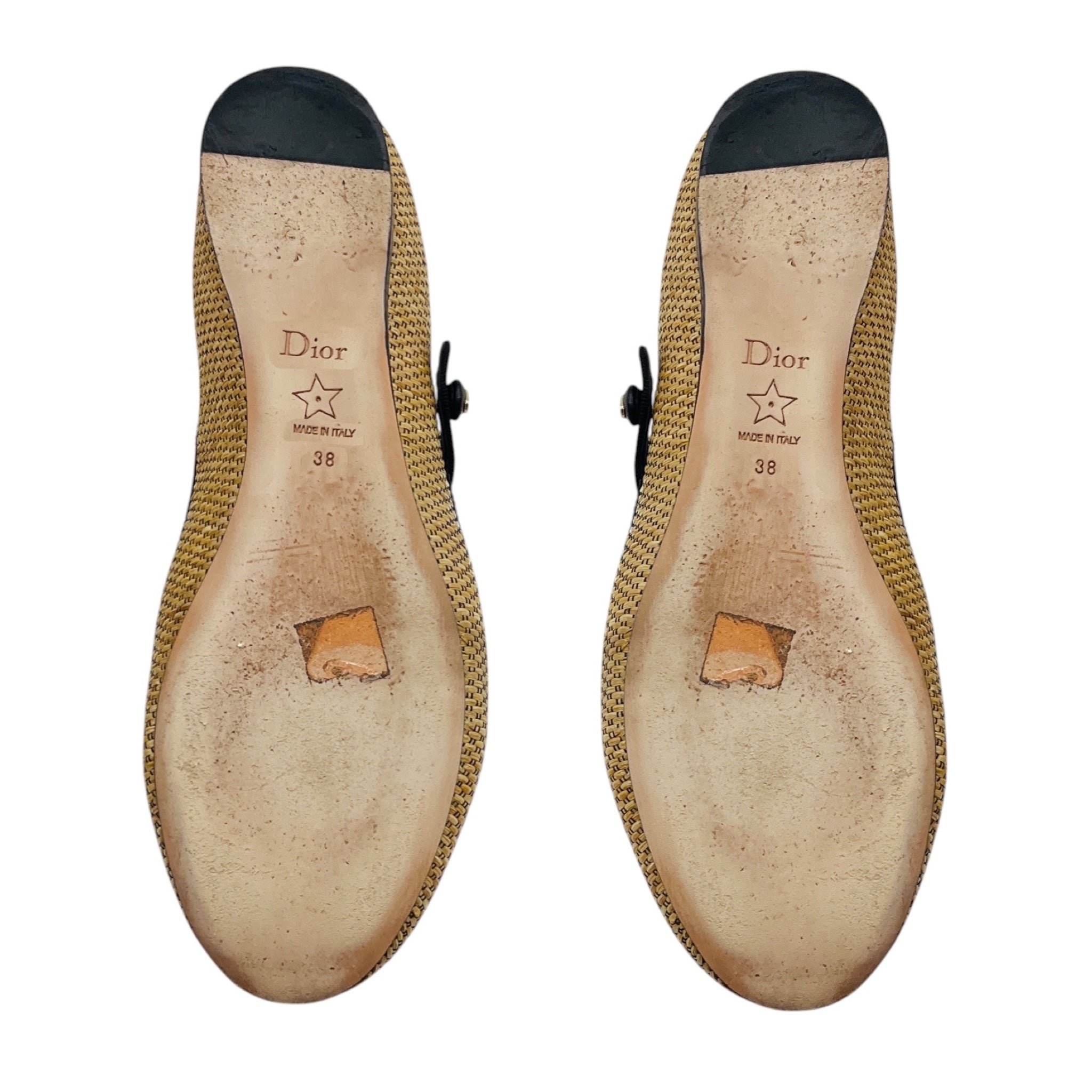 Christian Dior Natural / Black Lovely-D Raffia Straw Mary Jane Strap Ballerina Ballet Flats Shoes