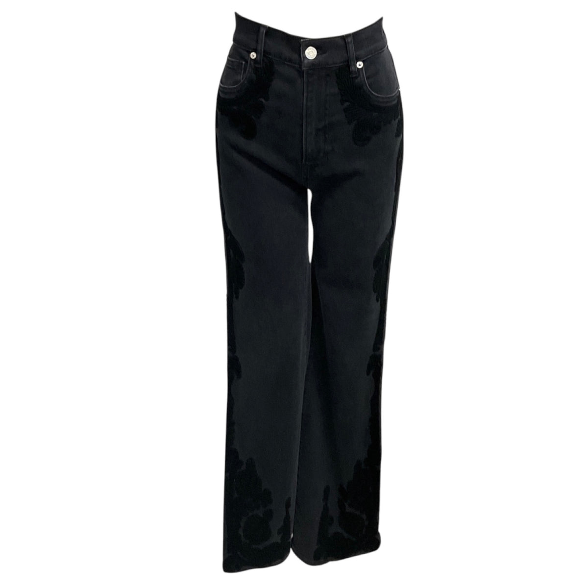 Veronica Beard Jeans Black Washed Onyx Crosbie High Rise Wide Leg Jeans with Tonal Embroidery
