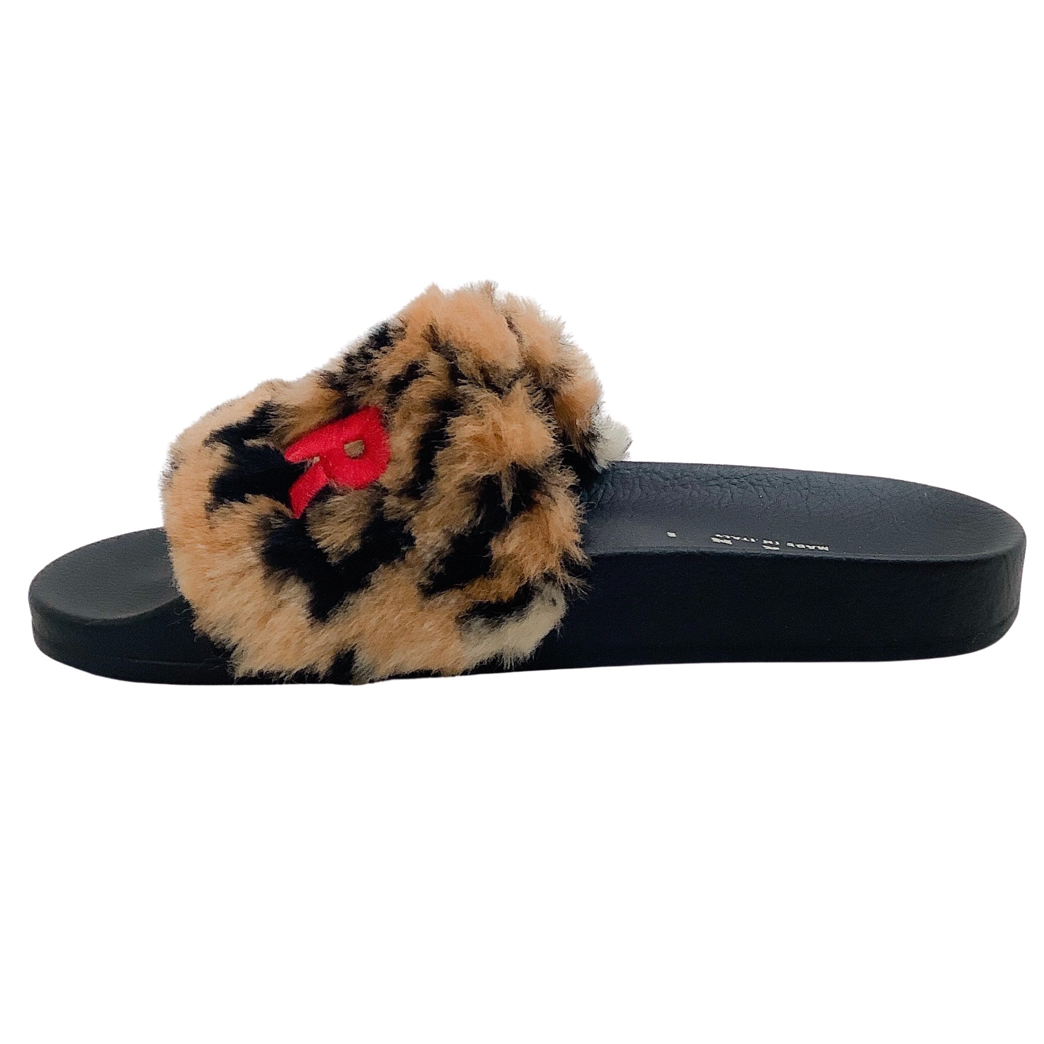 Marni Camel / Black Leopard Faux Fur Embroidered Logo Slide Sandals
