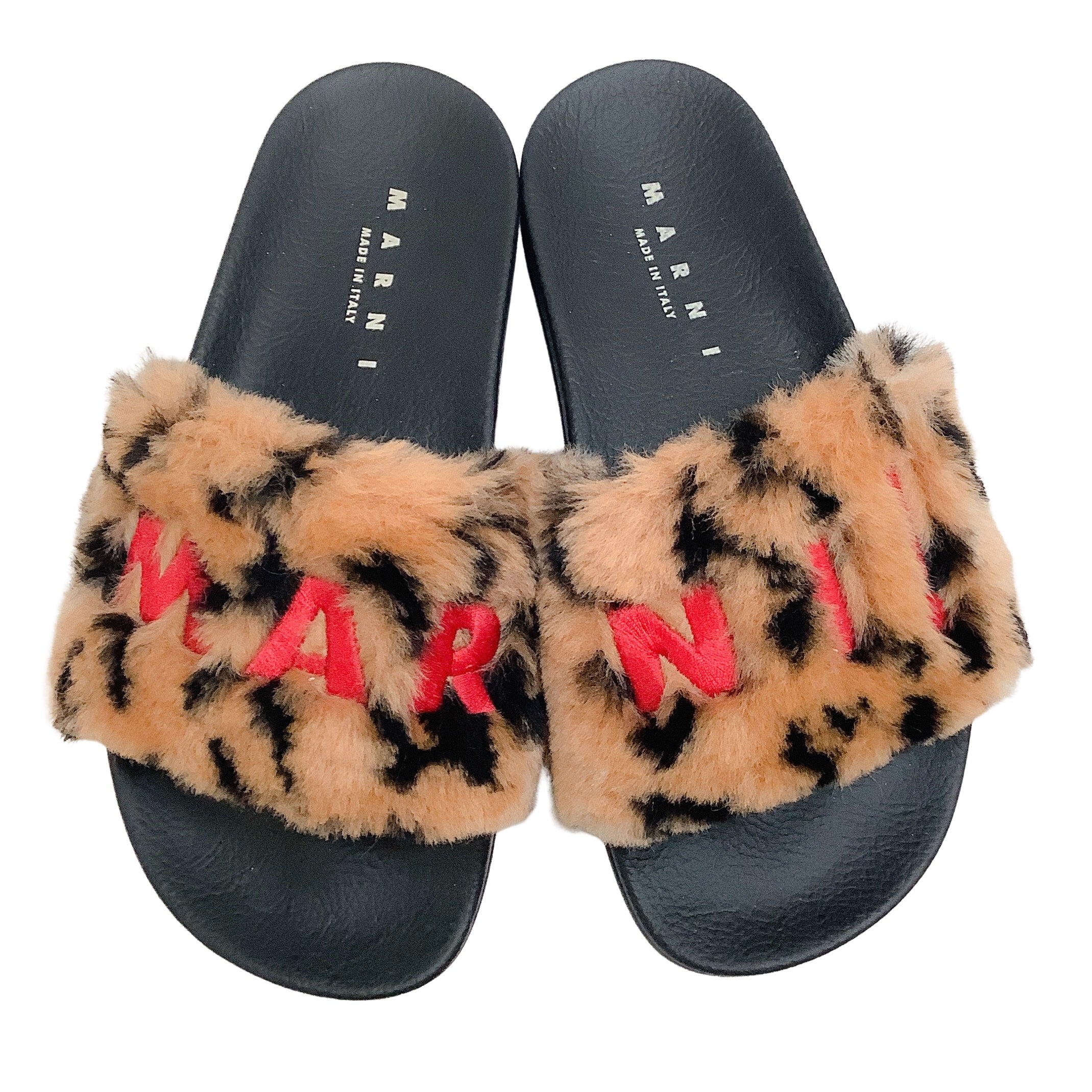 Marni Camel / Black Leopard Faux Fur Embroidered Logo Slide Sandals