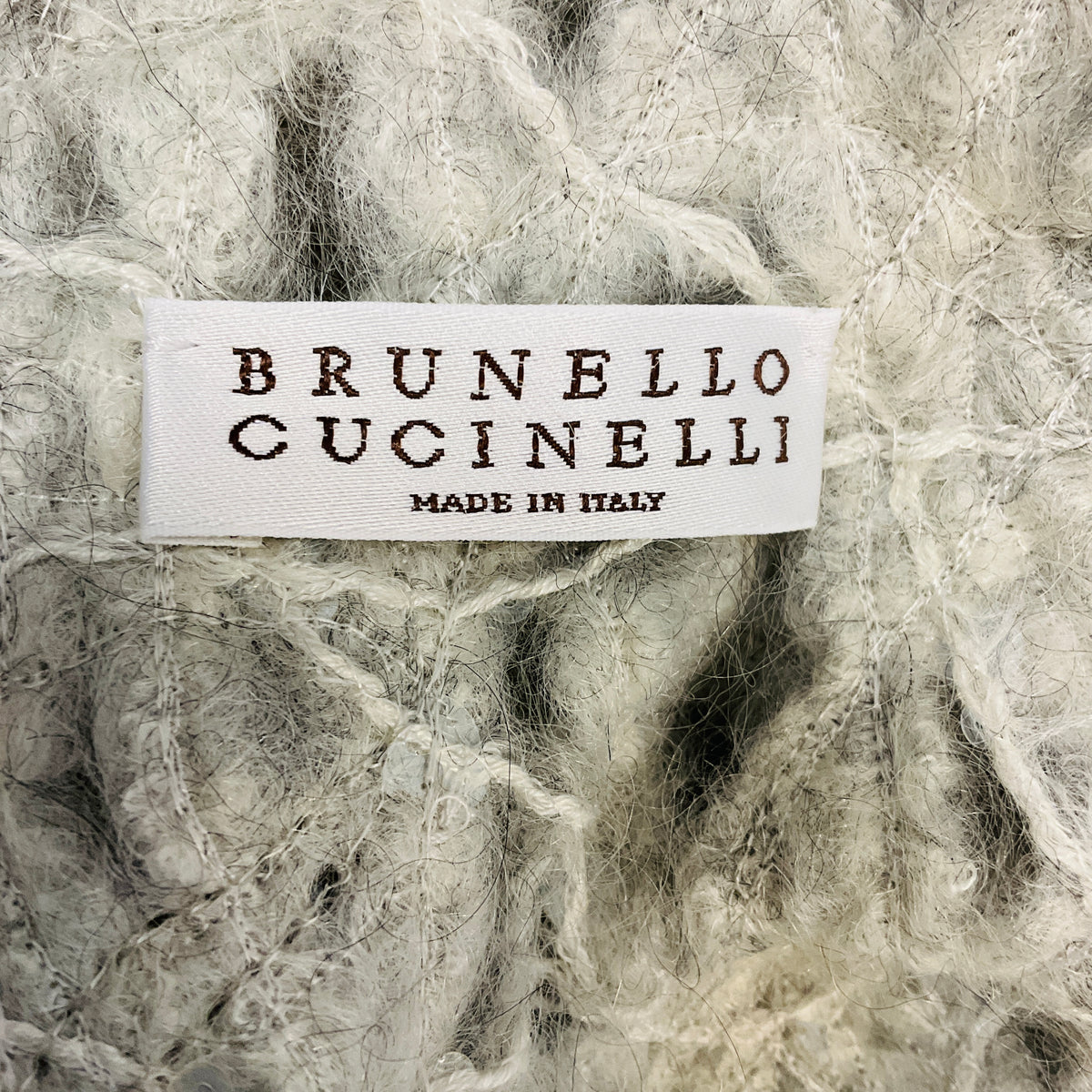 Brunello Cucinelli Grey / Beige Sequined Leaf Crochet Mohair Knit Midi Dress