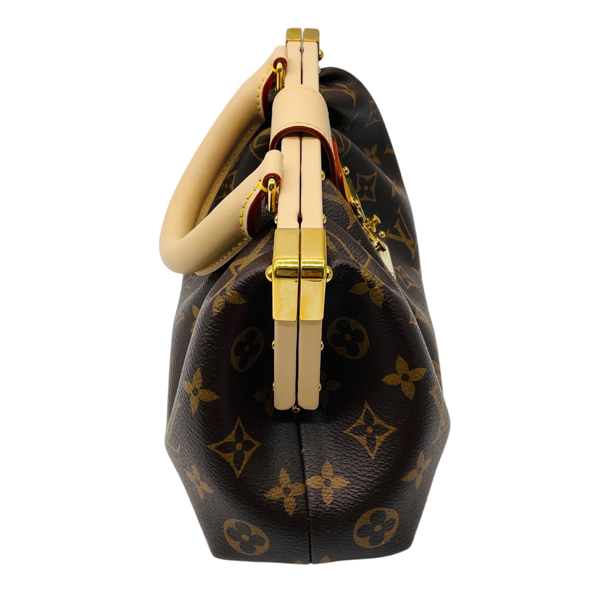 Louis Vuitton Brown Monogram Canvas Calfskin Trim Top Handle Clutch Handbag