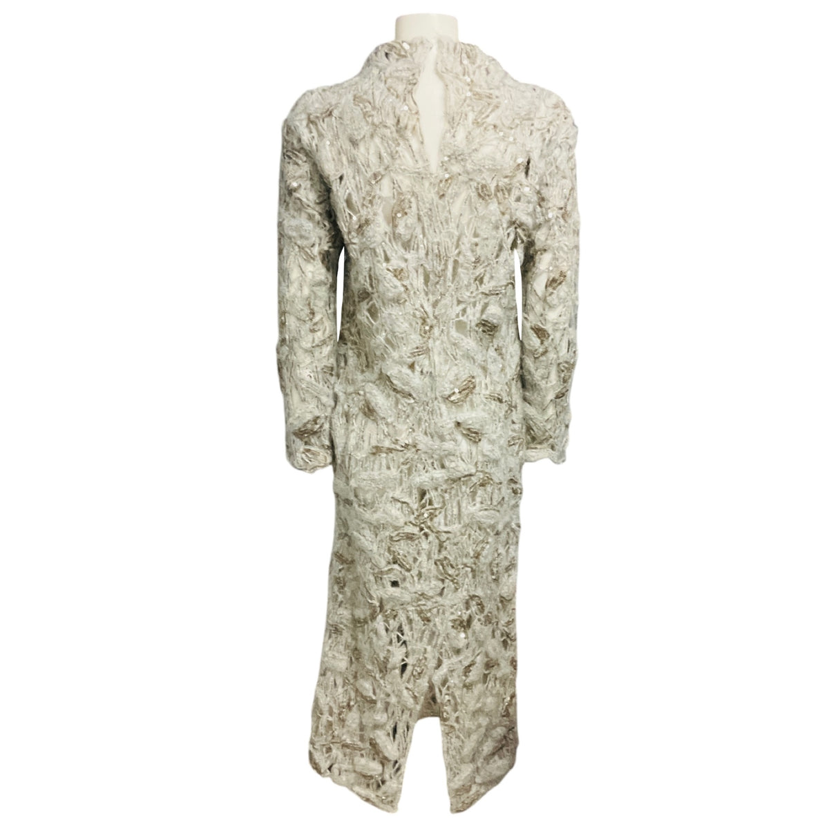 Brunello Cucinelli Grey / Beige Sequined Leaf Crochet Mohair Knit Midi Dress