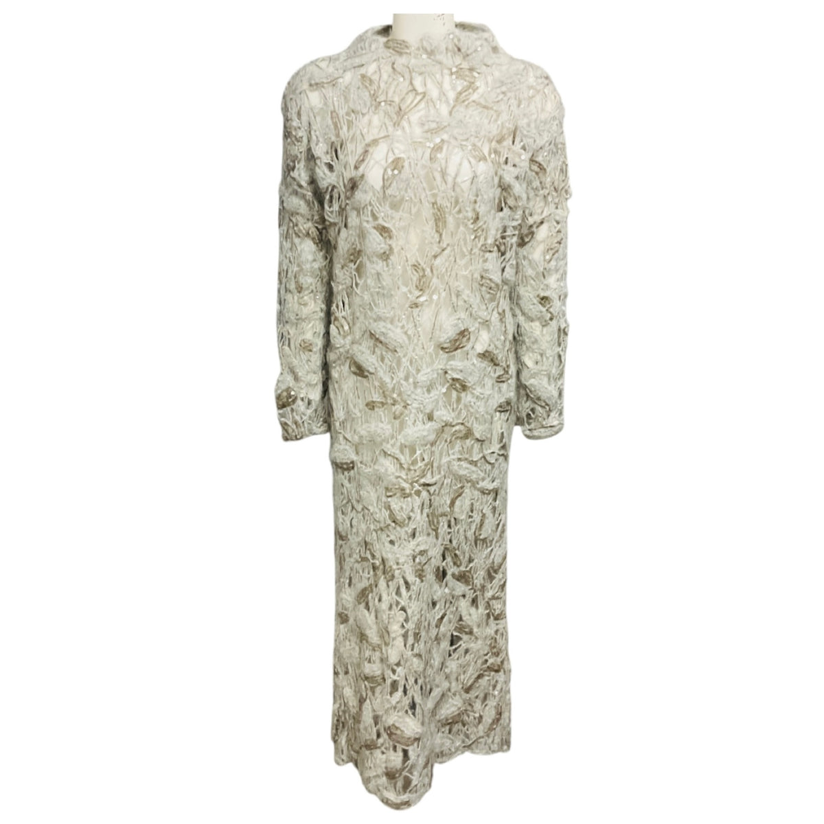 Brunello Cucinelli Grey / Beige Sequined Leaf Crochet Mohair Knit Midi Dress