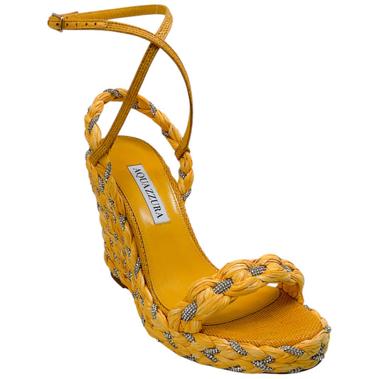 Aquazzura Lemonade Raffia Costiera Crystal Wedge Sandals