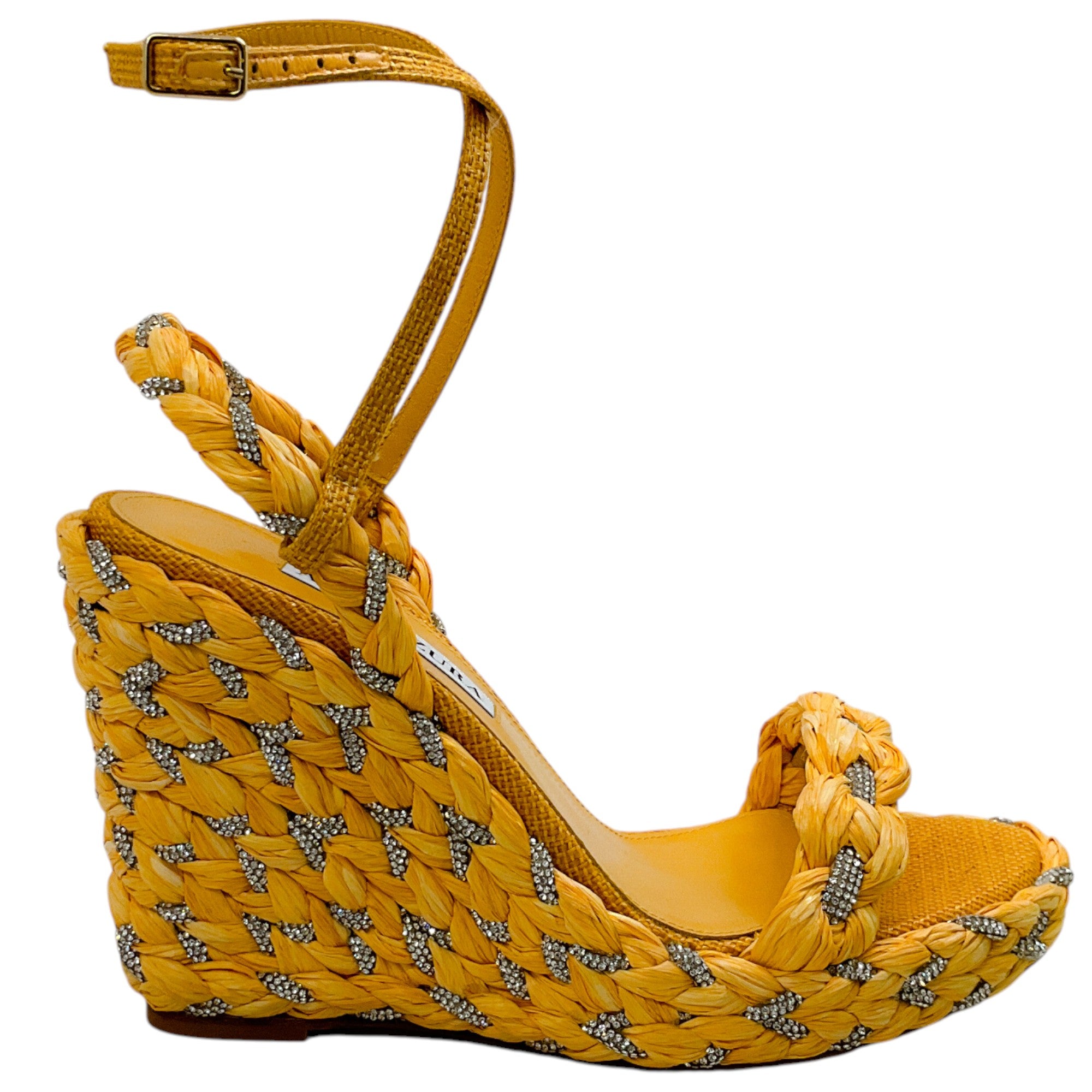 Aquazzura Lemonade Raffia Costiera Crystal Wedge Sandals