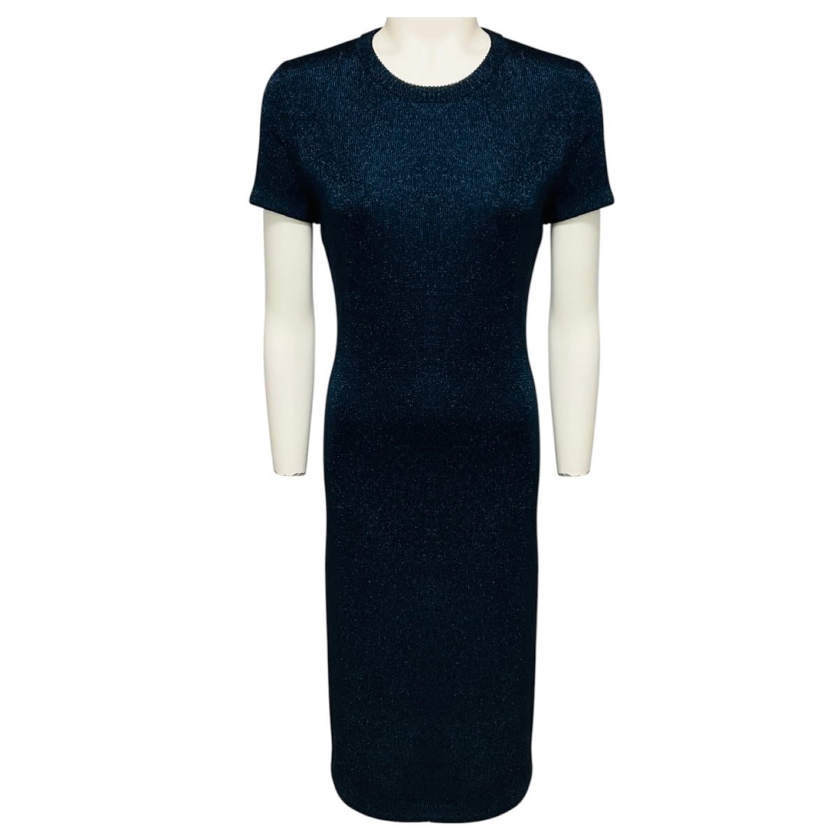 Ralph Lauren Collection Navy Blue Shimmer Knit Short Sleeved Fitted Midi Dress