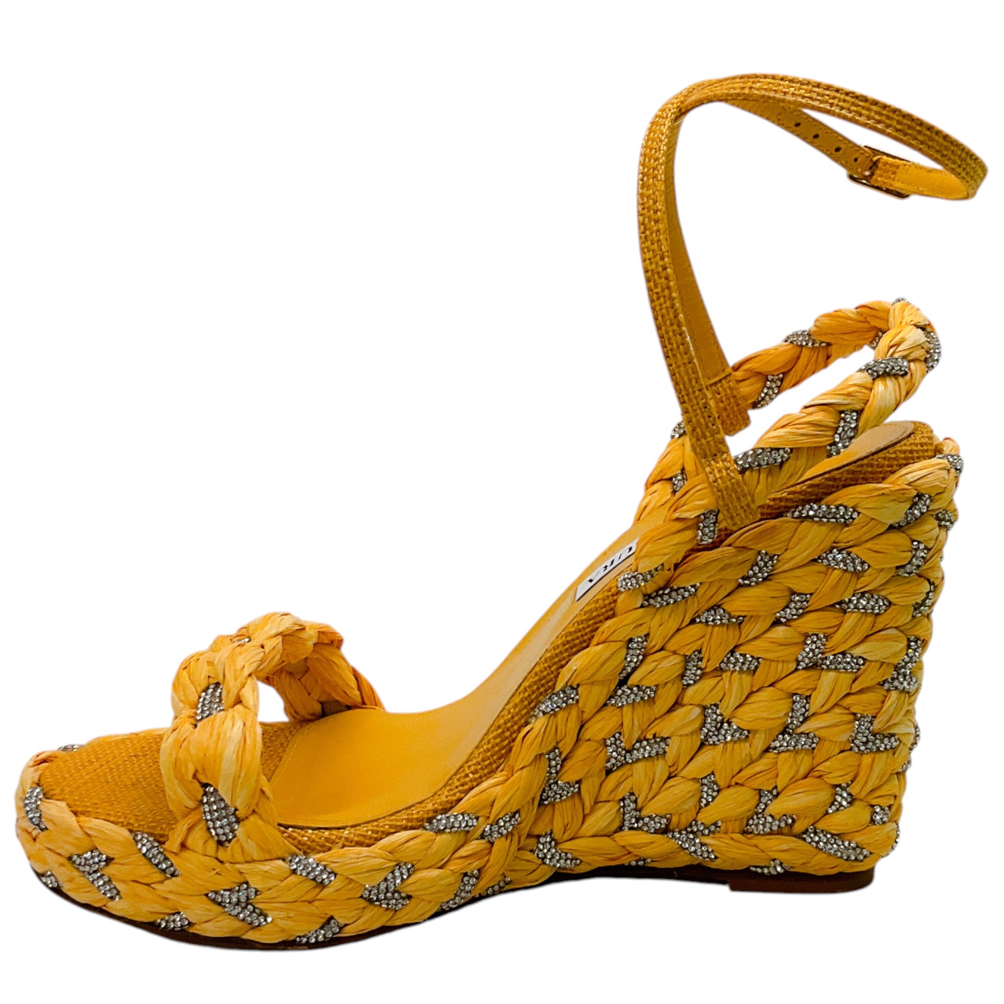 Aquazzura Lemonade Raffia Costiera Crystal Wedge Sandals