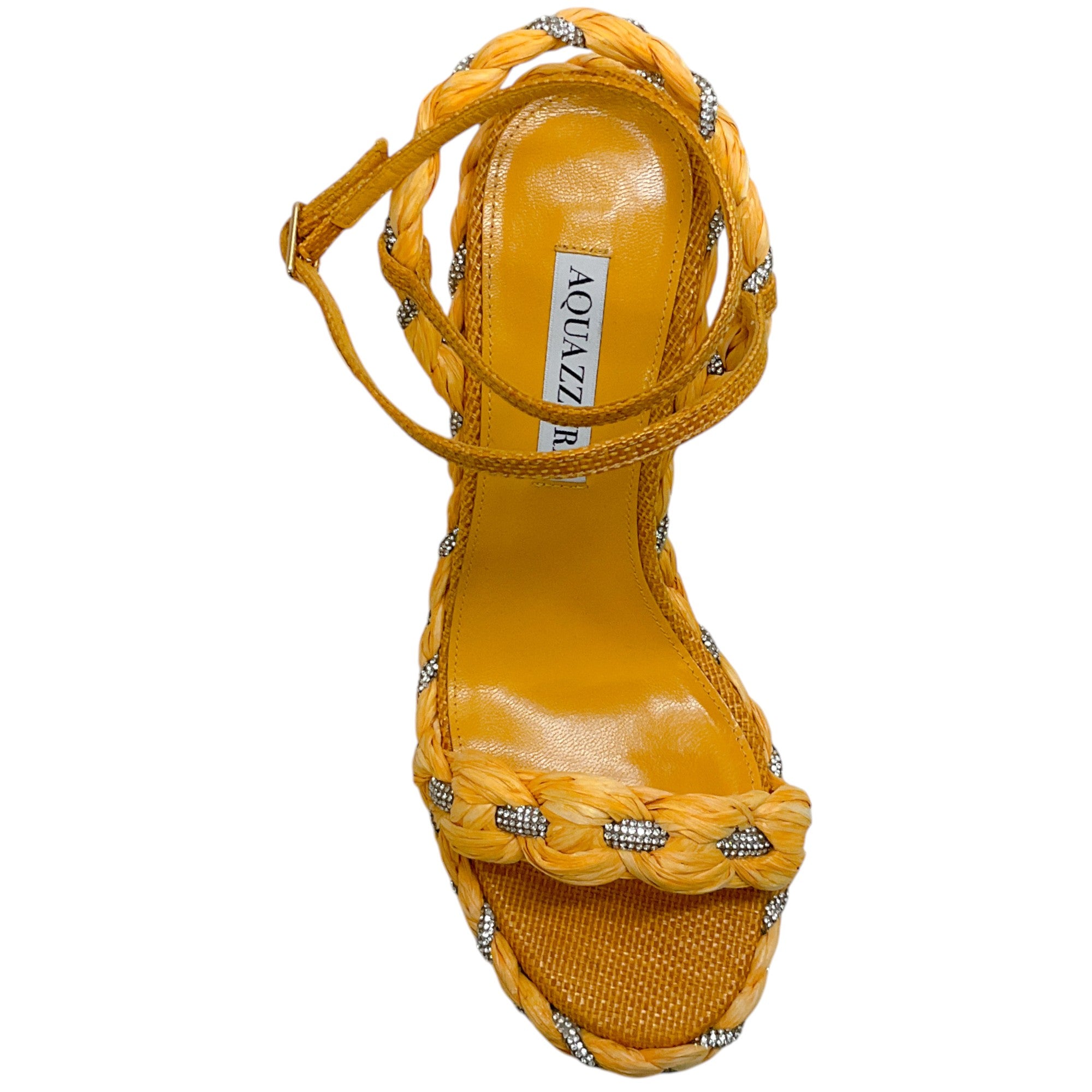 Aquazzura Lemonade Raffia Costiera Crystal Wedge Sandals