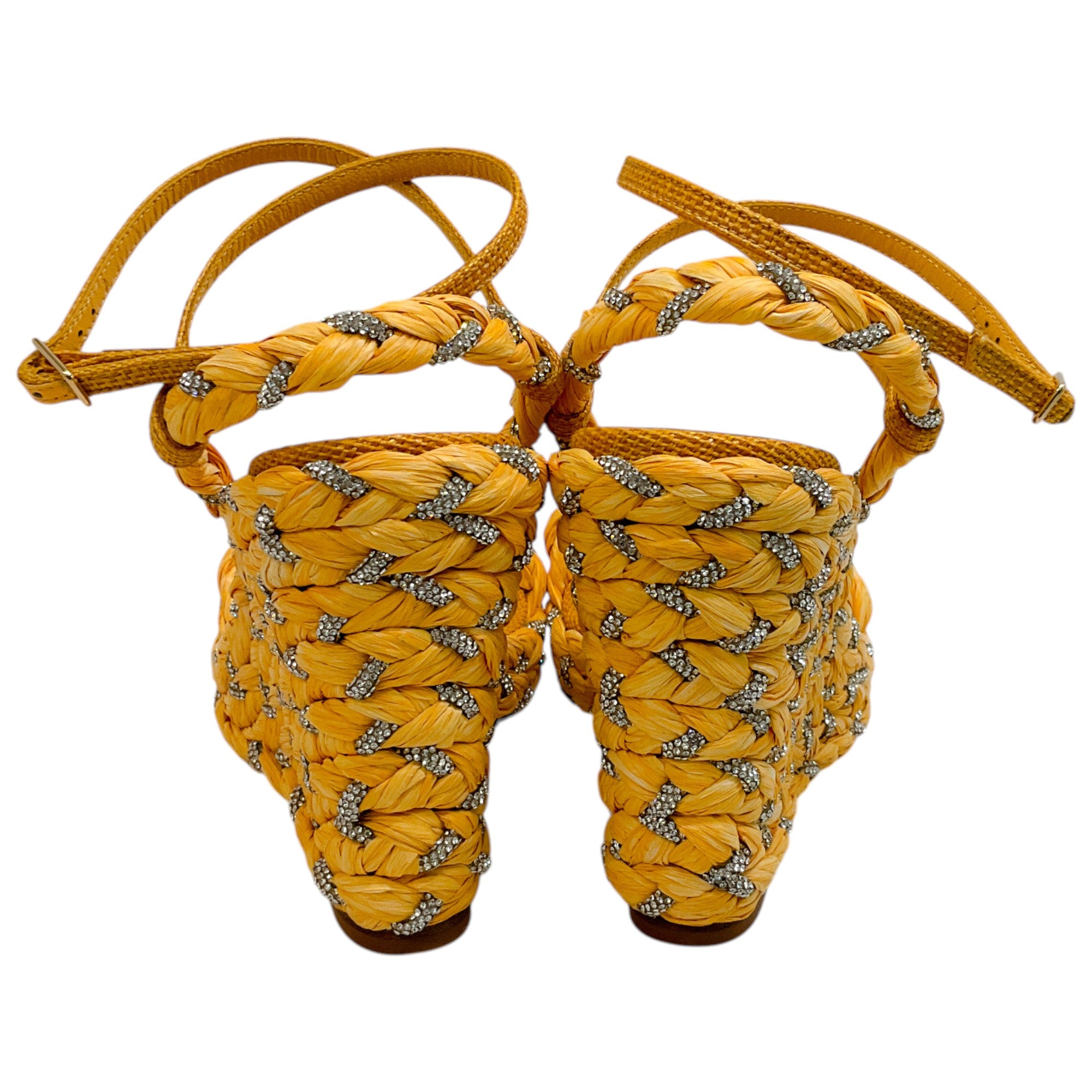 Aquazzura Lemonade Raffia Costiera Crystal Wedge Sandals