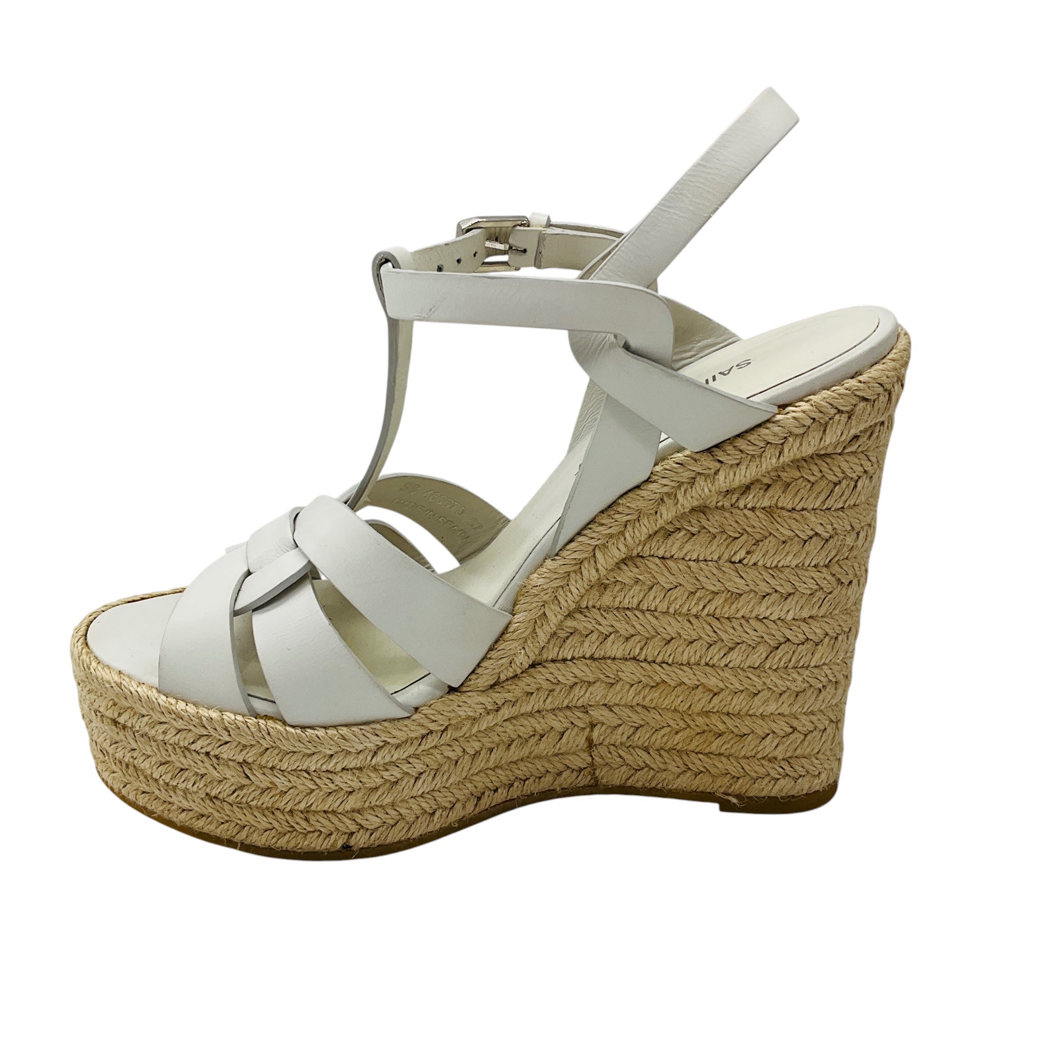 Saint Laurent White Calfskin Leather Tribute Platform Espadrille Wedge Sandals
