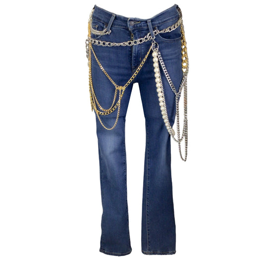 Junya Watanabe x Levis Blue / Silver / Gold Chain and Pearl Embellished 724 High Rise Straight Leg Jeans
