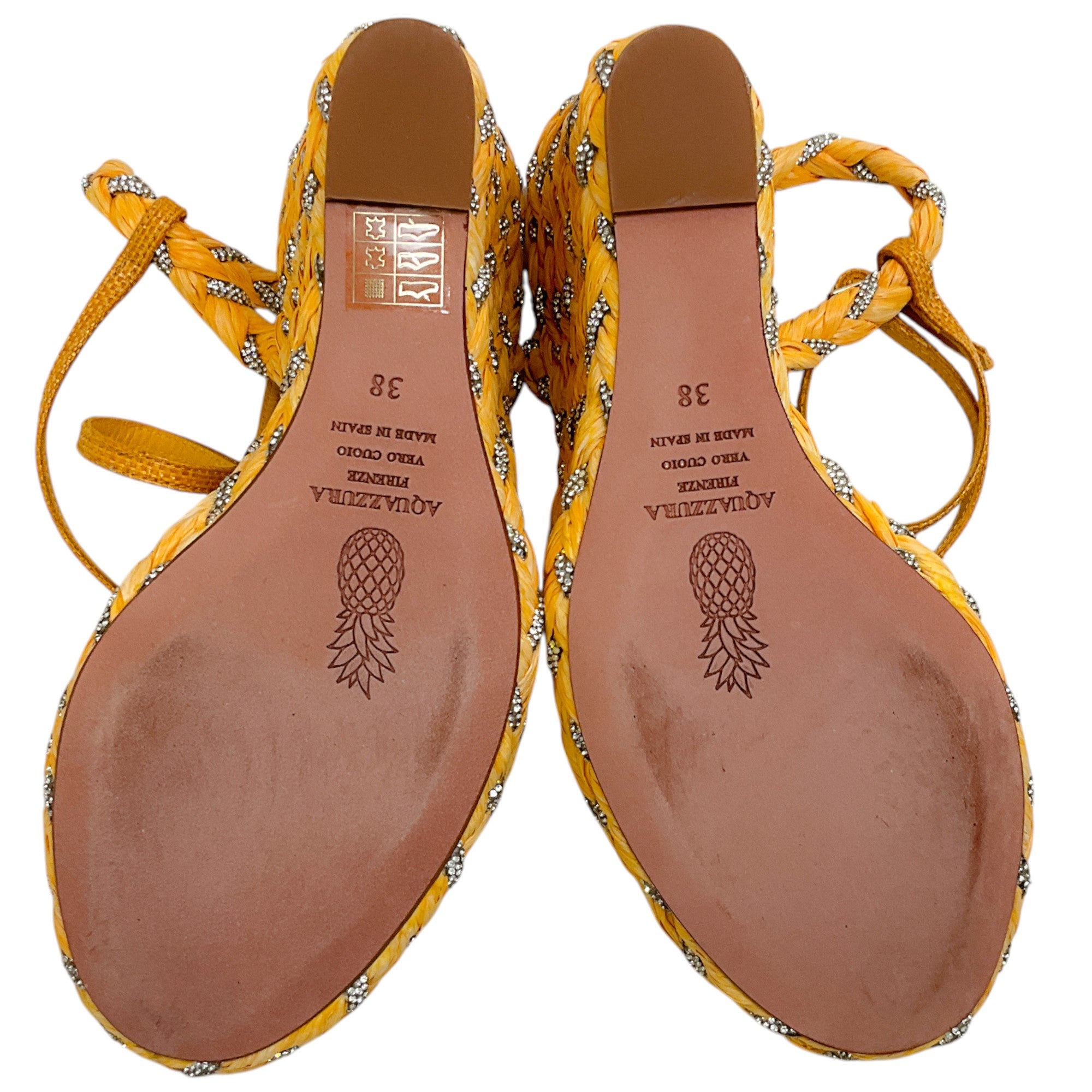 Aquazzura Lemonade Raffia Costiera Crystal Wedge Sandals