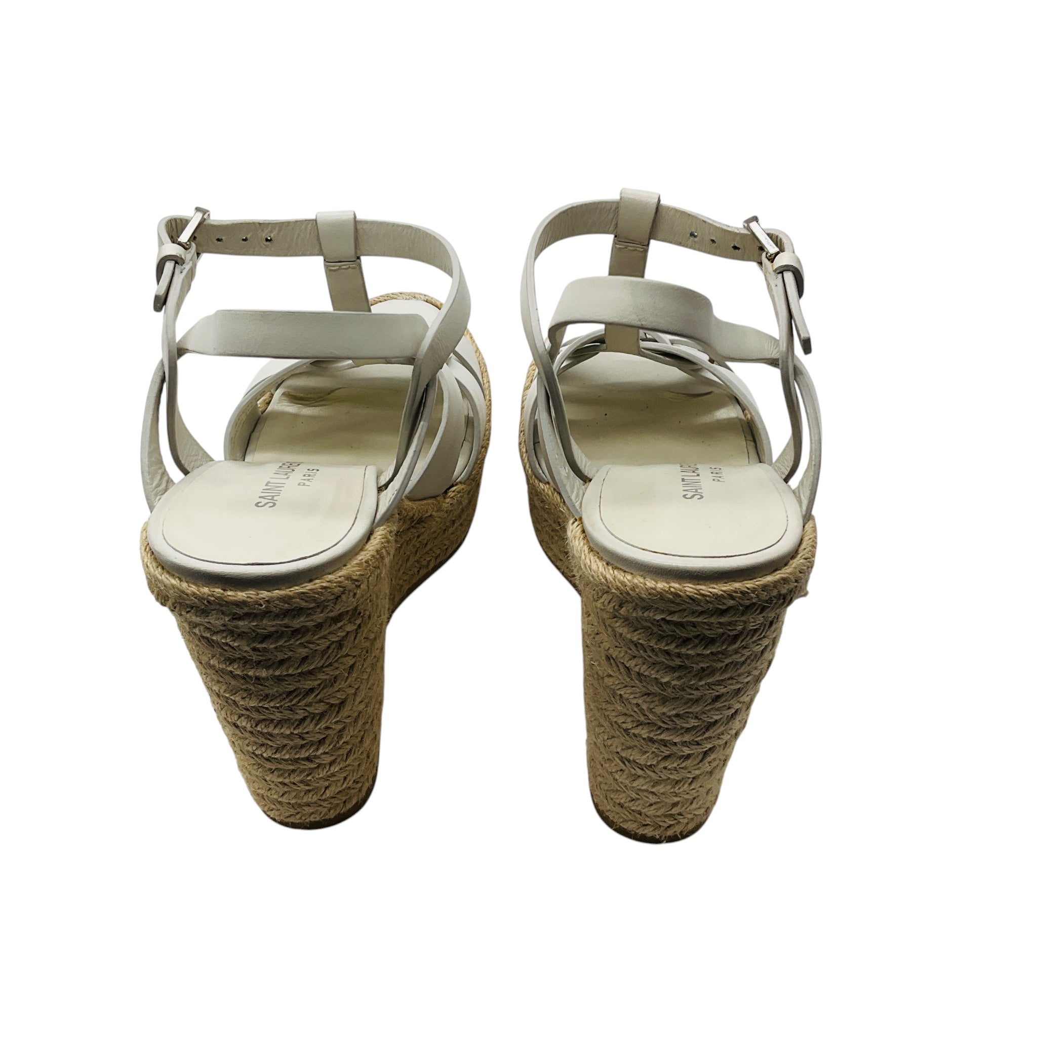 Saint Laurent White Calfskin Leather Tribute Platform Espadrille Wedge Sandals