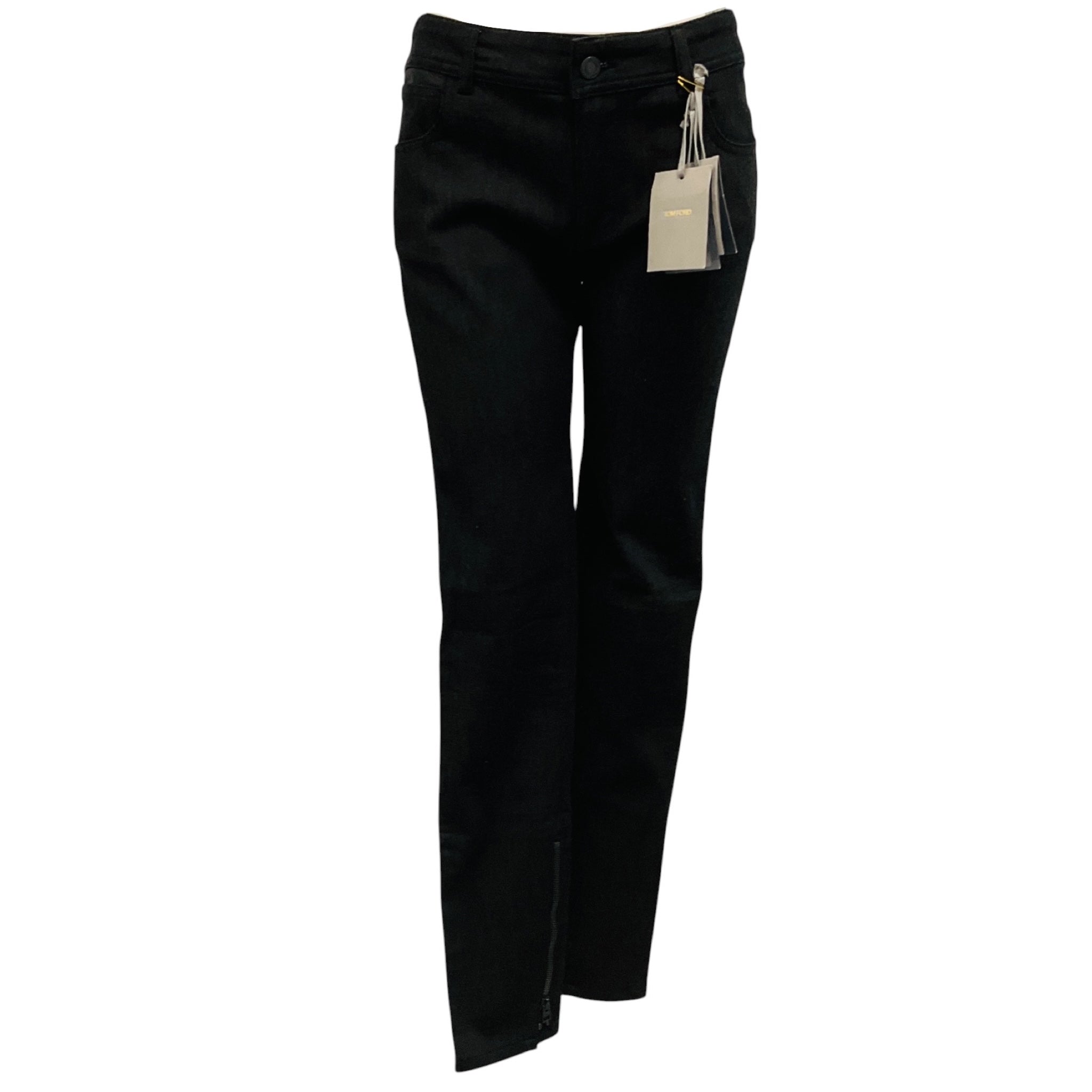 Tom Ford Black Lambskin Leather Trimmed Skinny Leg Denim Jeans