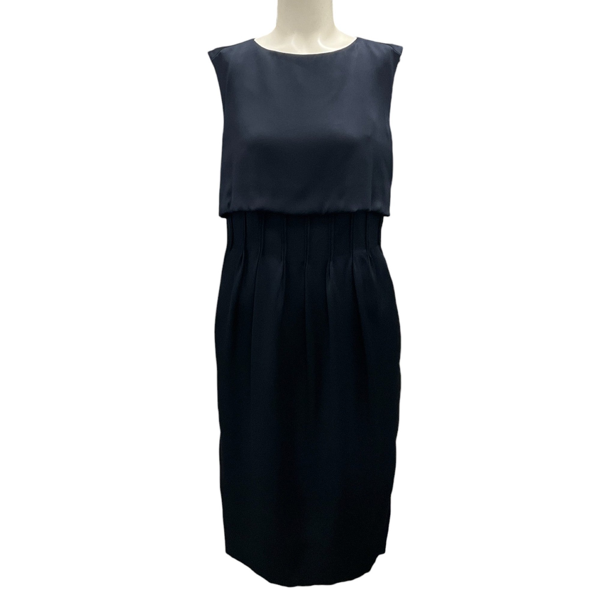 Yves Saint Laurent Navy Blue 2007 Pleated Sleeveless Silk Dress