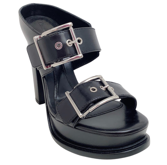 Alexander McQueen Black Leather Platform Sandals with Silver Buckles